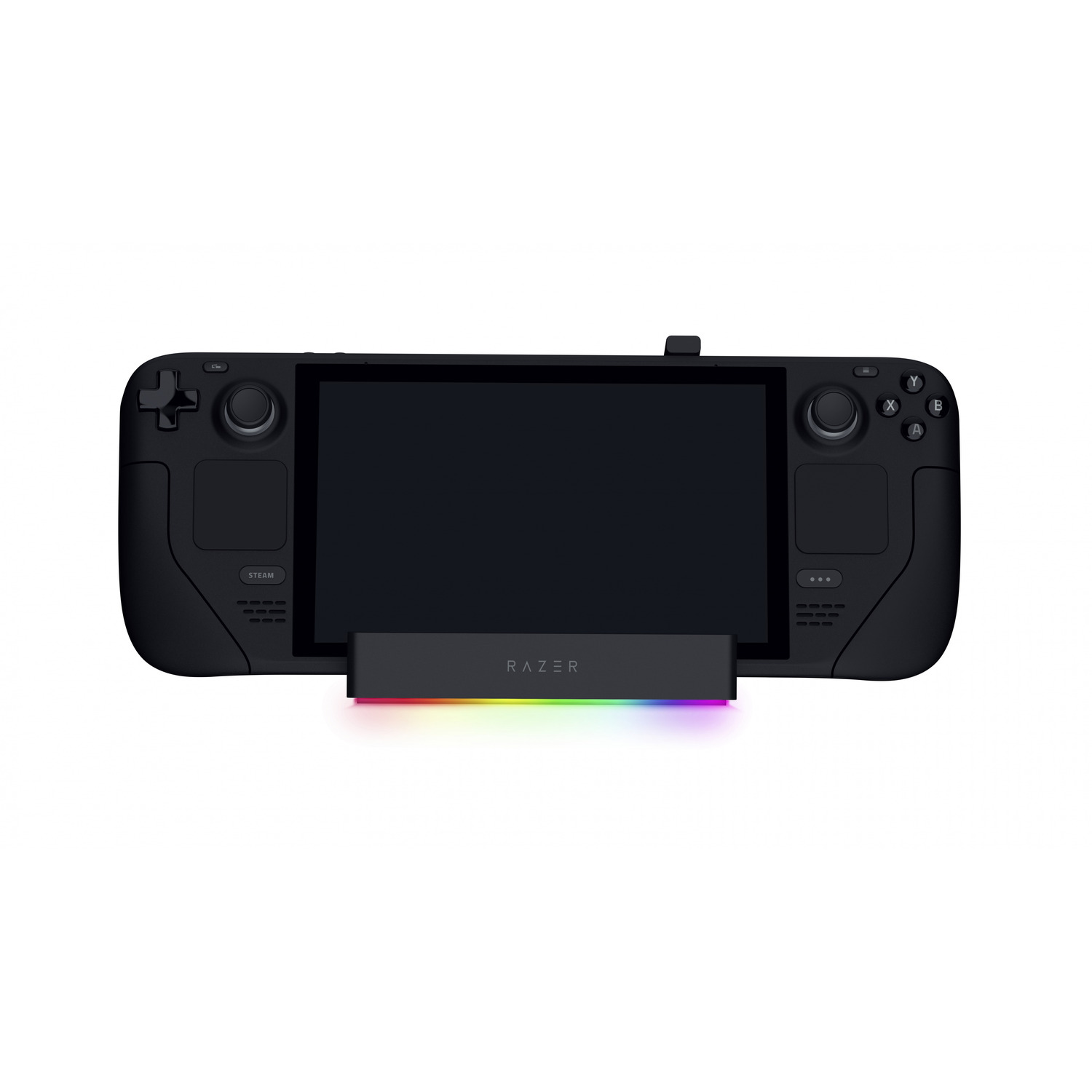 Black Razer gaming handheld with a colorful base, isolated on white. Has screen, buttons, and joysticks.