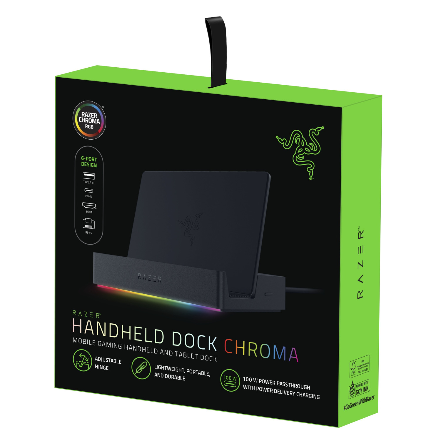 Black Razer handheld dock with a black device on it. Text: Handheld Dock Chroma. Green box.