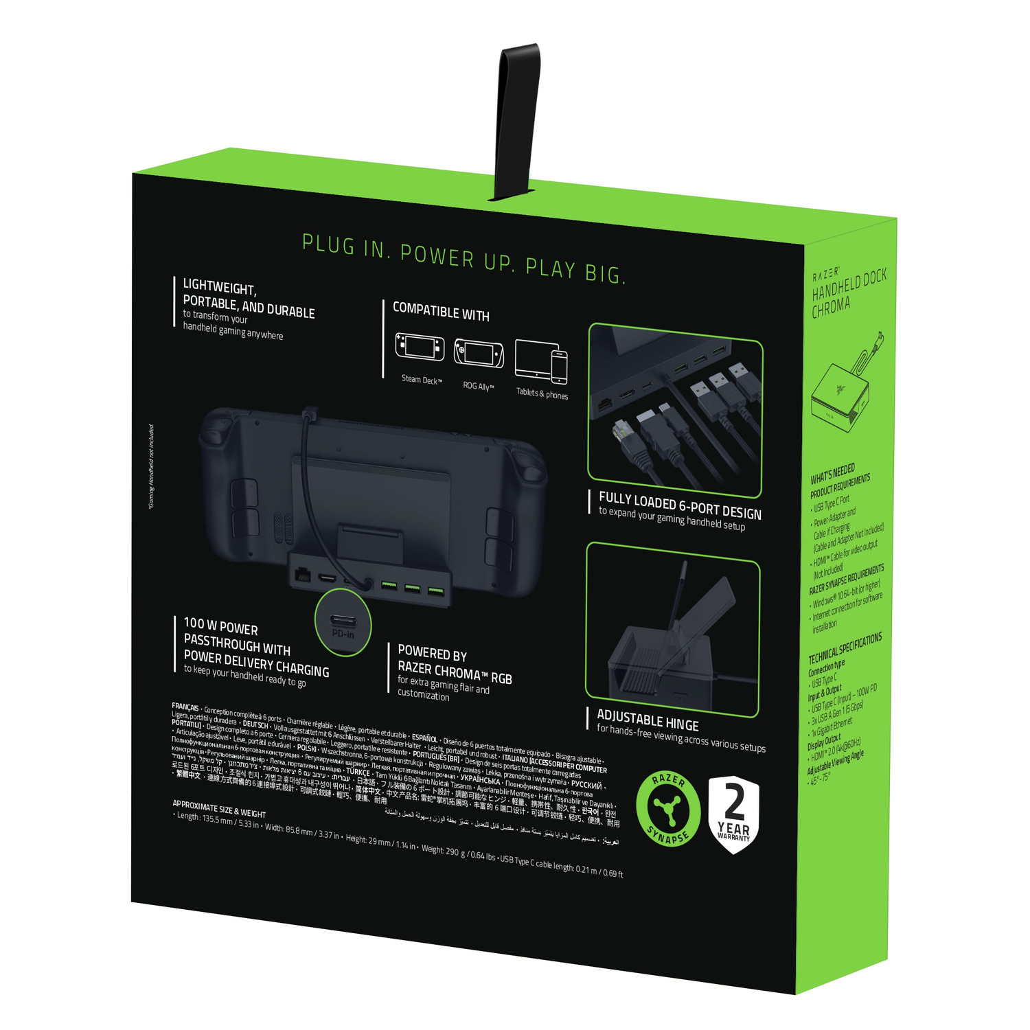 Box with text, Razer Chroma dock, and a Steam Deck, with ports and cables.