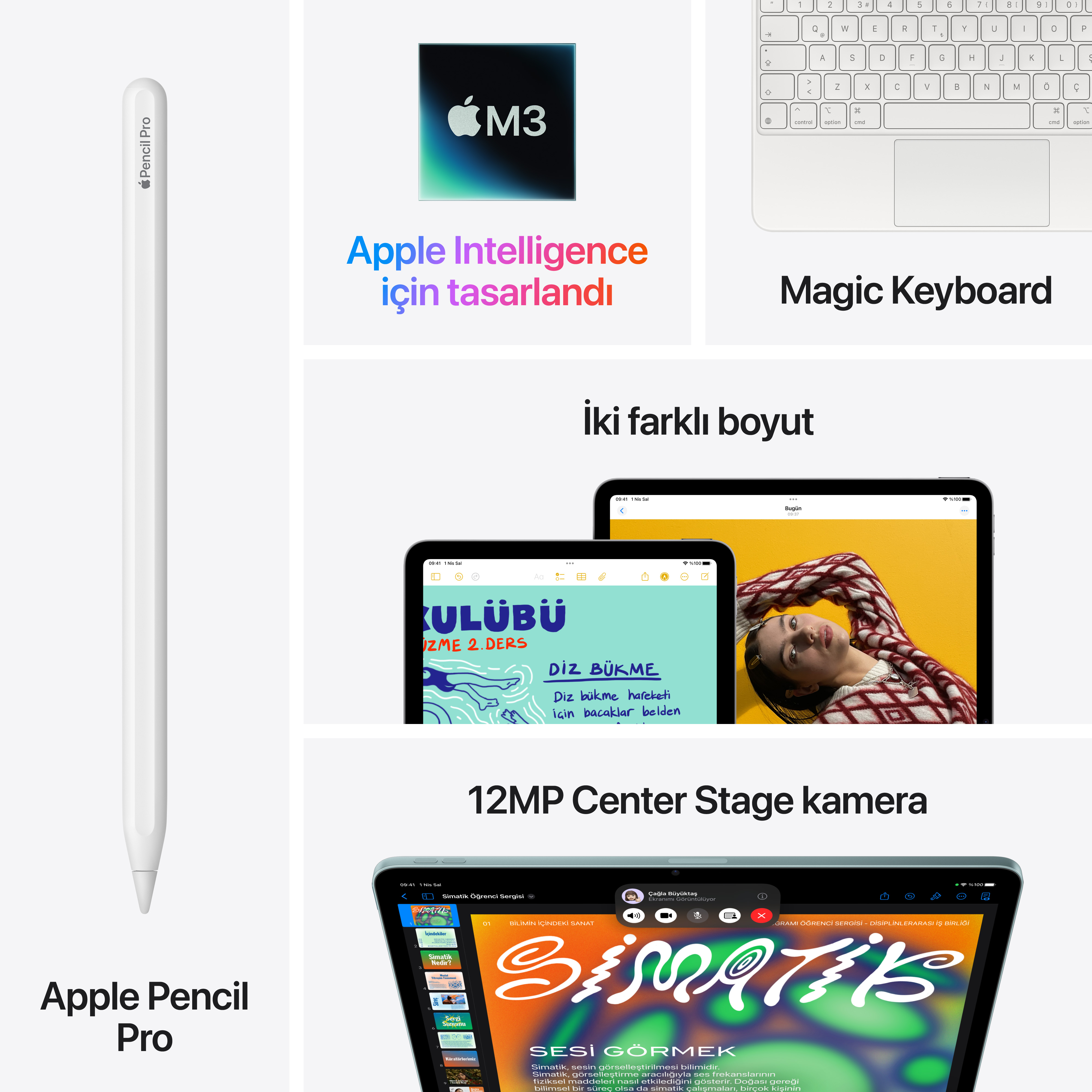 Beyaz Apple Pencil Pro, M3 logosu, Magic Keyboard ve metin ve görüntülü görüşme içeren iPad.