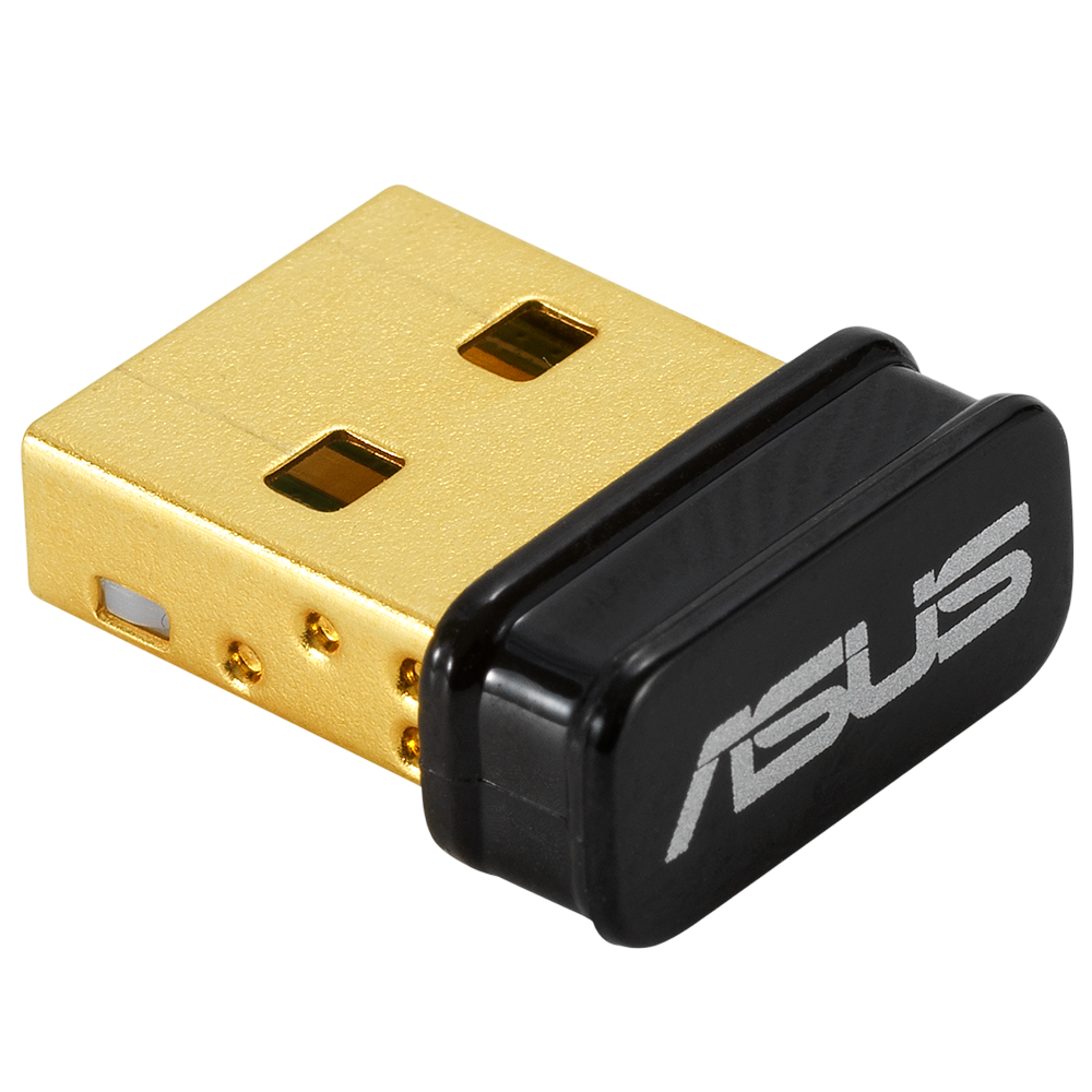 Altın ve siyah ASUS USB Wi-Fi adaptörü. Siyah kısımda ASUS logosu var.