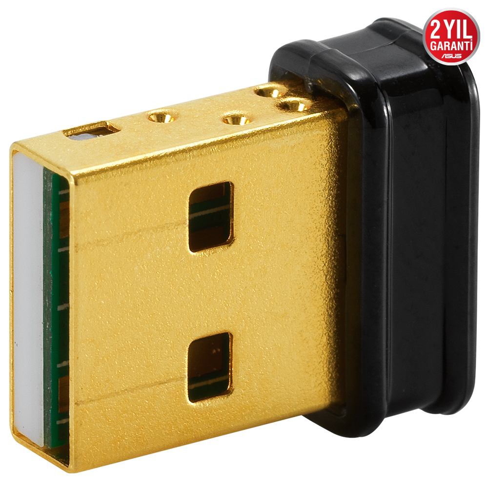 Altın ve siyah USB konektörü, 2 yıllık garanti etiketi.