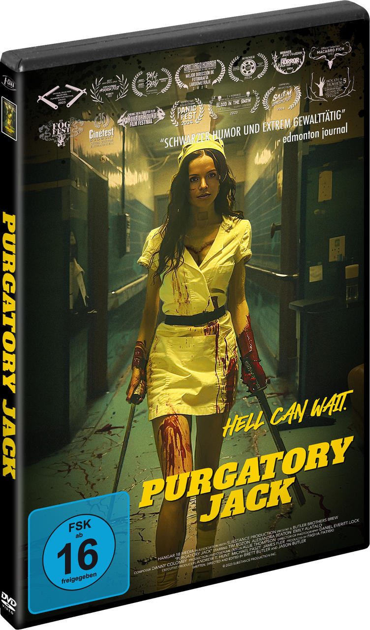 DVD-Cover. Frau im Krankenschwester-Outfit mit blutigen Messern im Flur. Titel: Purgatory Jack.