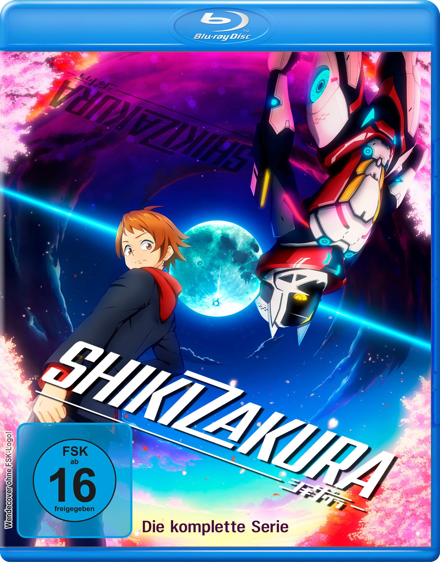 Shikizakura Anime-DVD-Cover. Ein blauhaariger Junge und ein Roboter sind zu sehen.