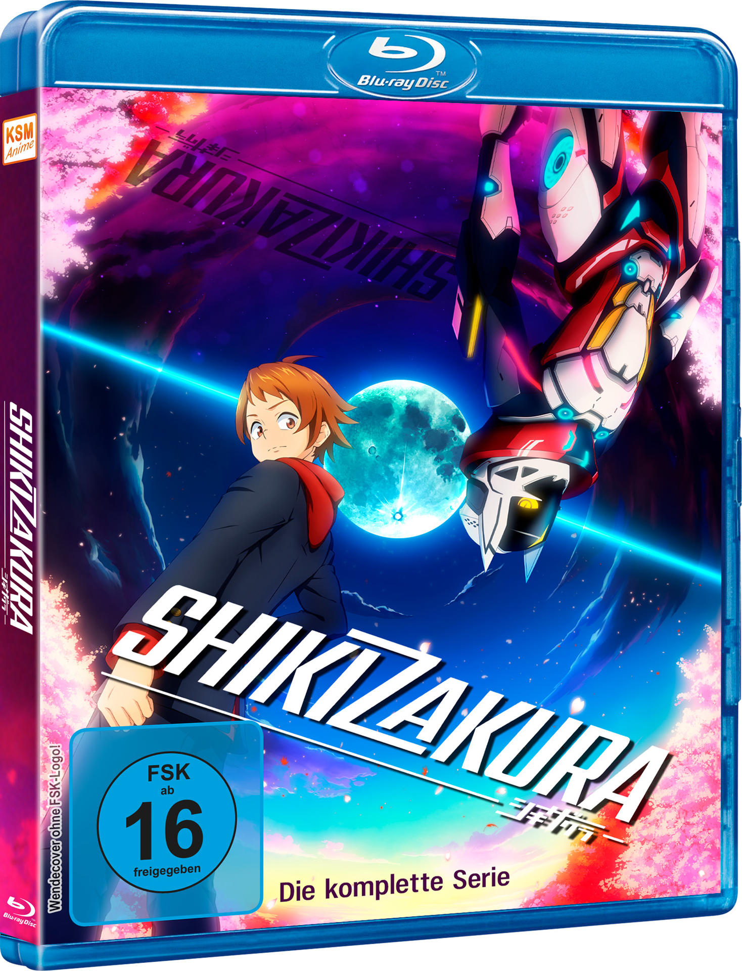 Eine Blu-ray-Disc-Hülle mit Kunstwerken aus einem Anime. Text auf Japanisch und Deutsch.