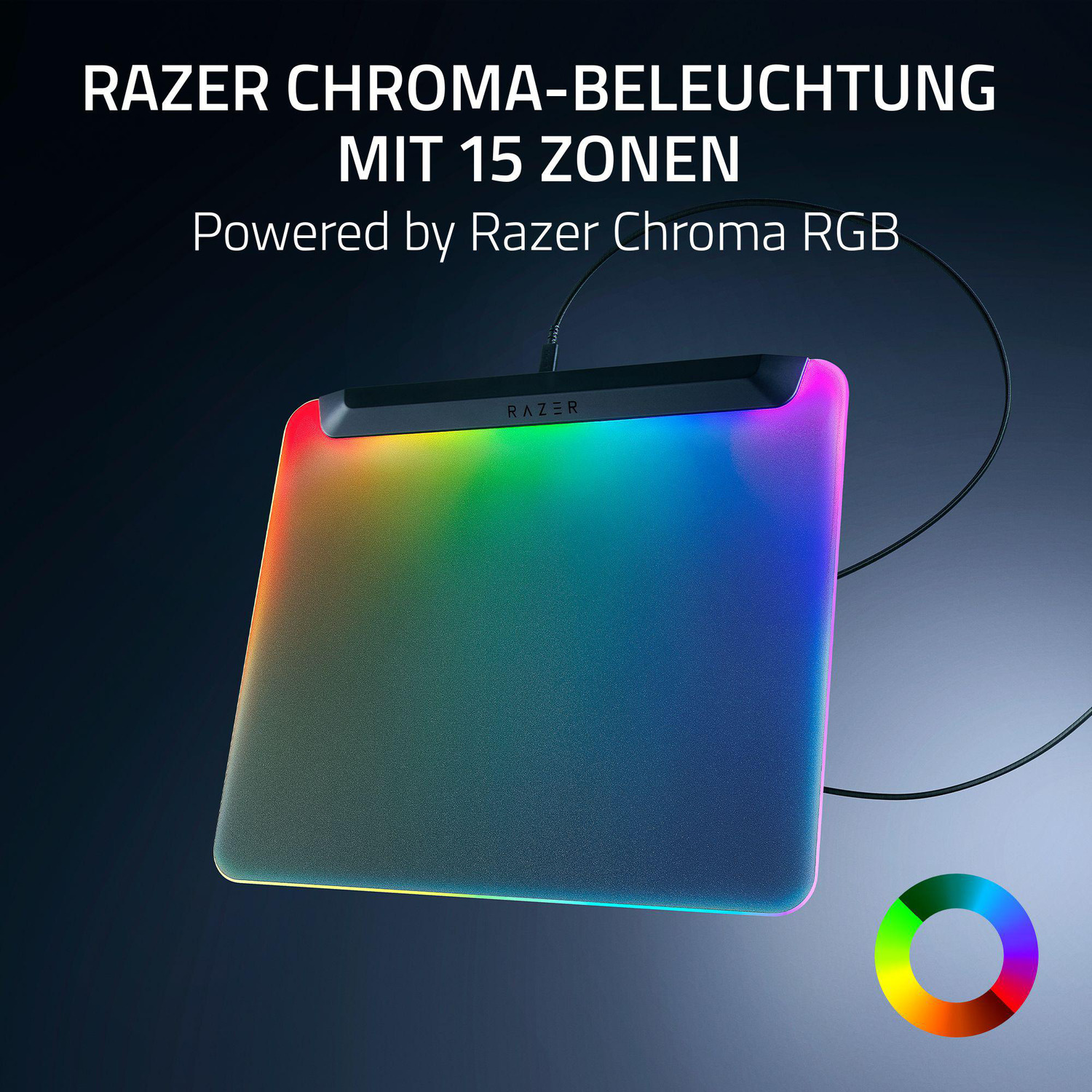 Een Razer Chroma-muismat met 15 zones RGB-verlichting, met een kleurrijk licht.