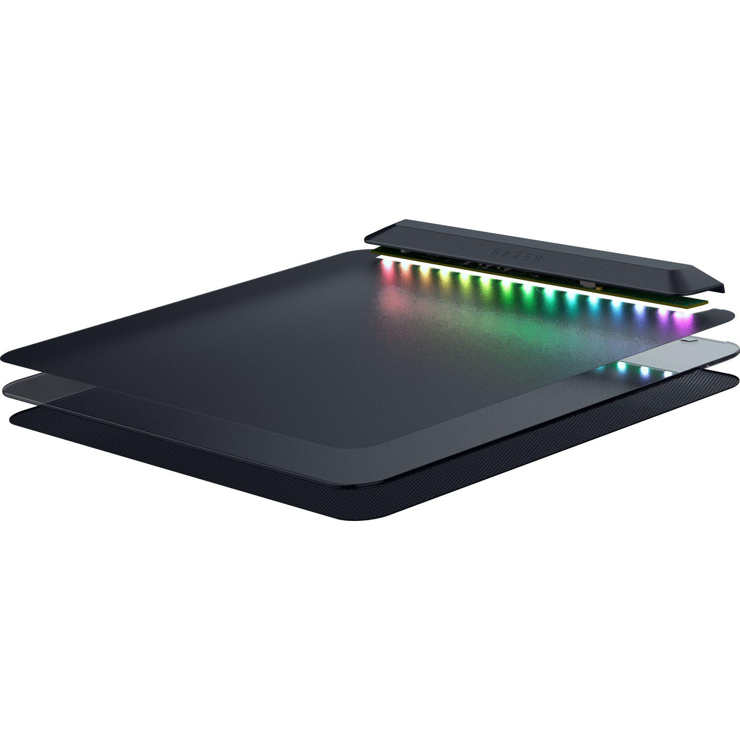 Gaming muismat met multi-color lichteffecten. Zwart oppervlak en lagen zichtbaar.