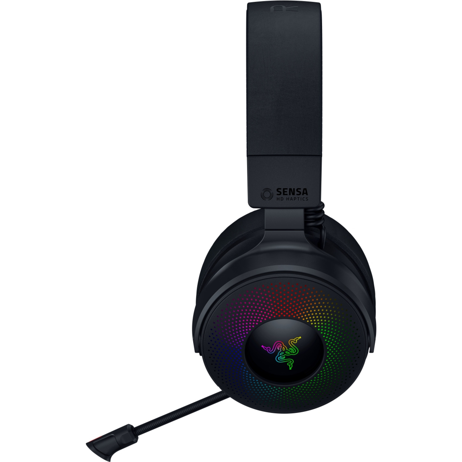 Casque de jeu noir avec un microphone, brillant de multiples couleurs sur son écouteur.