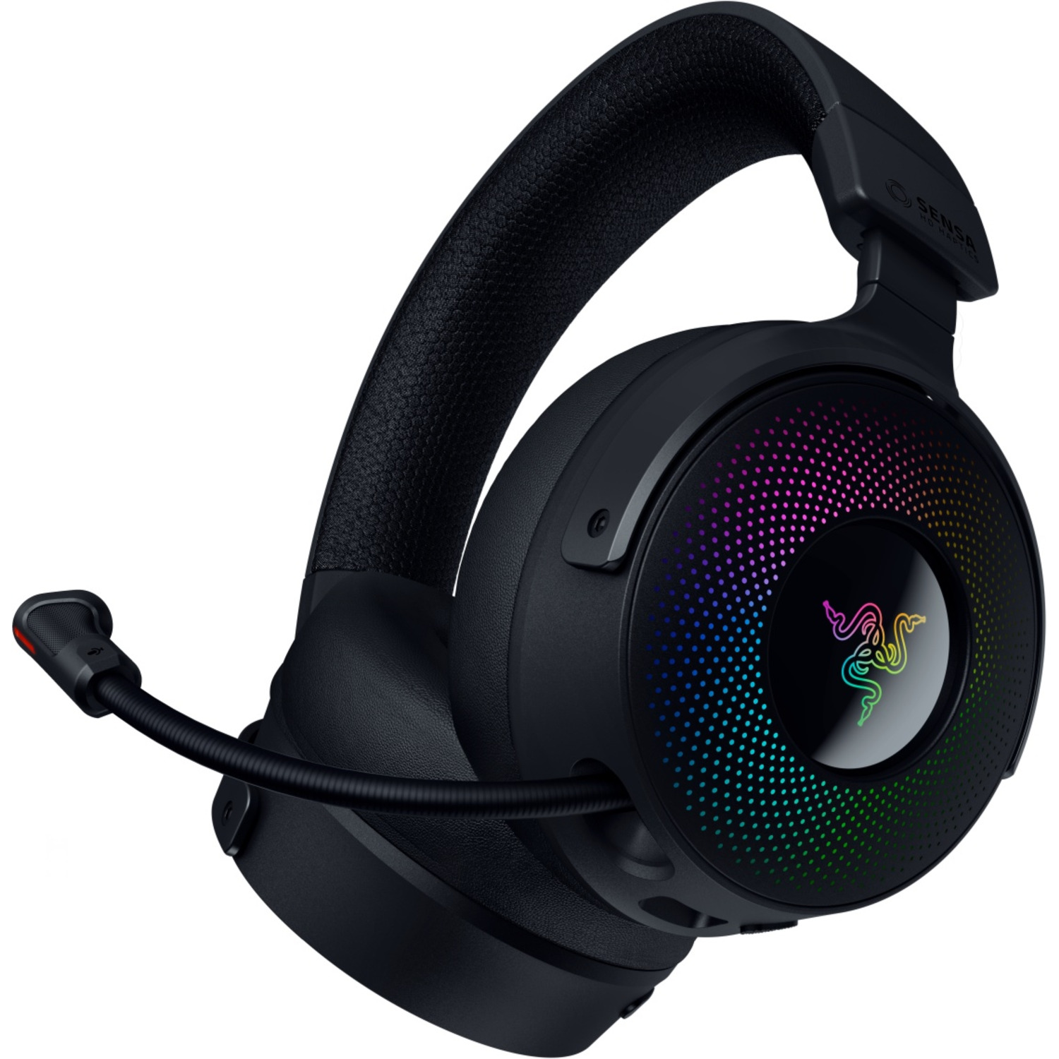 Casque de jeu noir avec microphone, logo Razer sur l'écouteur.