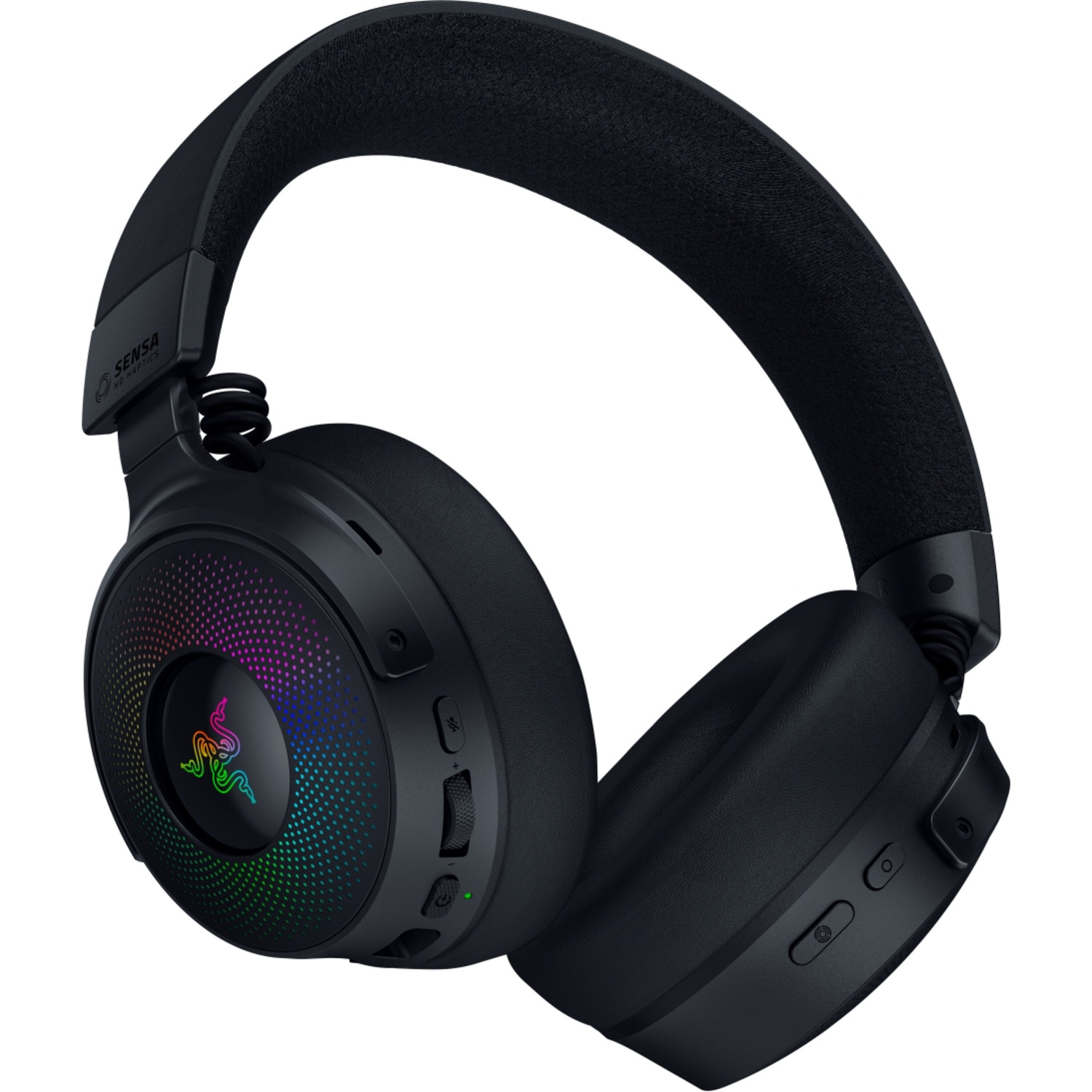Casque de jeu Razer noir avec des lumières LED colorées et des boutons de contrôle sur fond blanc.