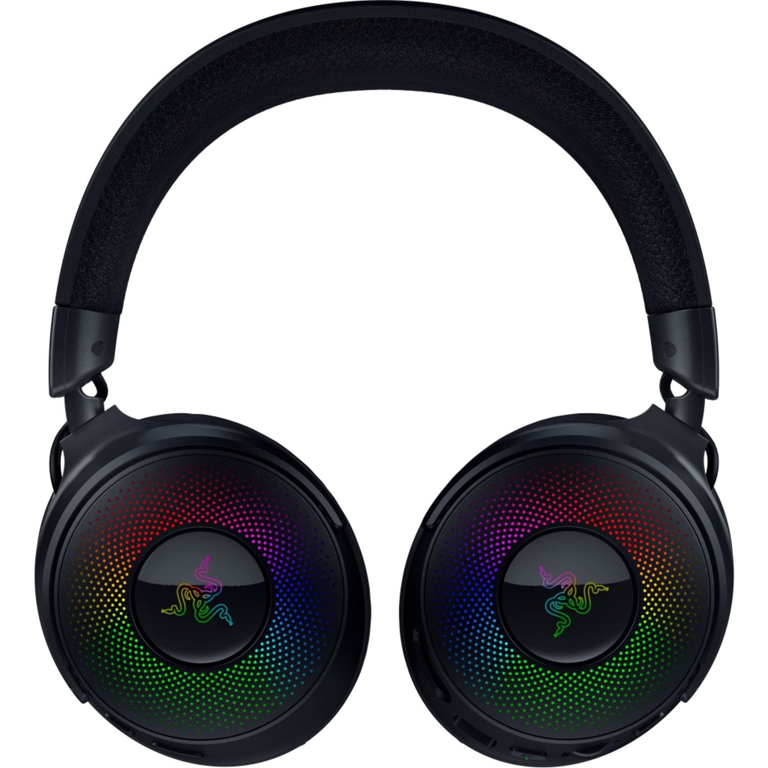 Casque Razer noir avec oreillettes arc-en-ciel, logo Razer visible.