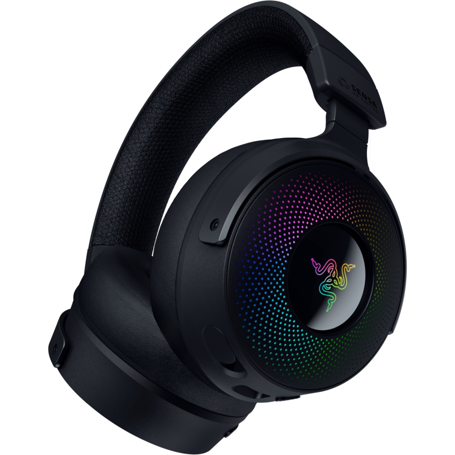 Casque Razer noir avec éclairage RVB coloré et le logo Razer sur le côté.