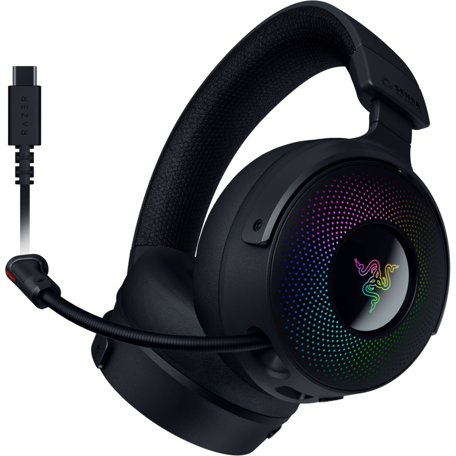 Casque de jeu noir avec microphone, connecté à un câble USB-C.