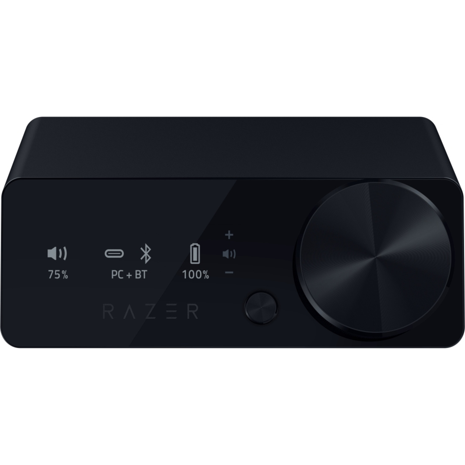 Appareil audio Razer noir avec commandes de volume, PC/BT et logo Razer sur fond noir.