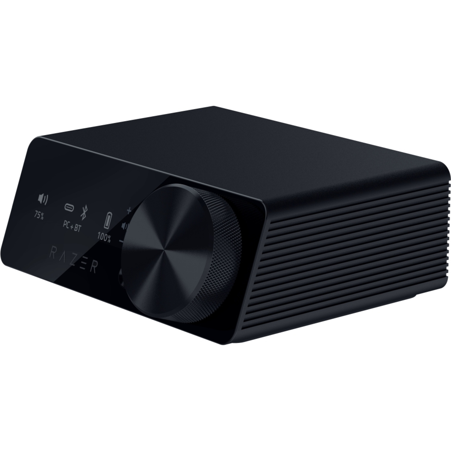 Un appareil audio Razer noir avec une grande molette et un écran.
