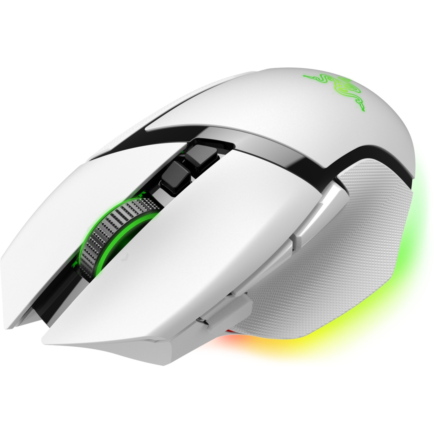 Witte gamingmuis met groene accenten en een groen Razer-logo.