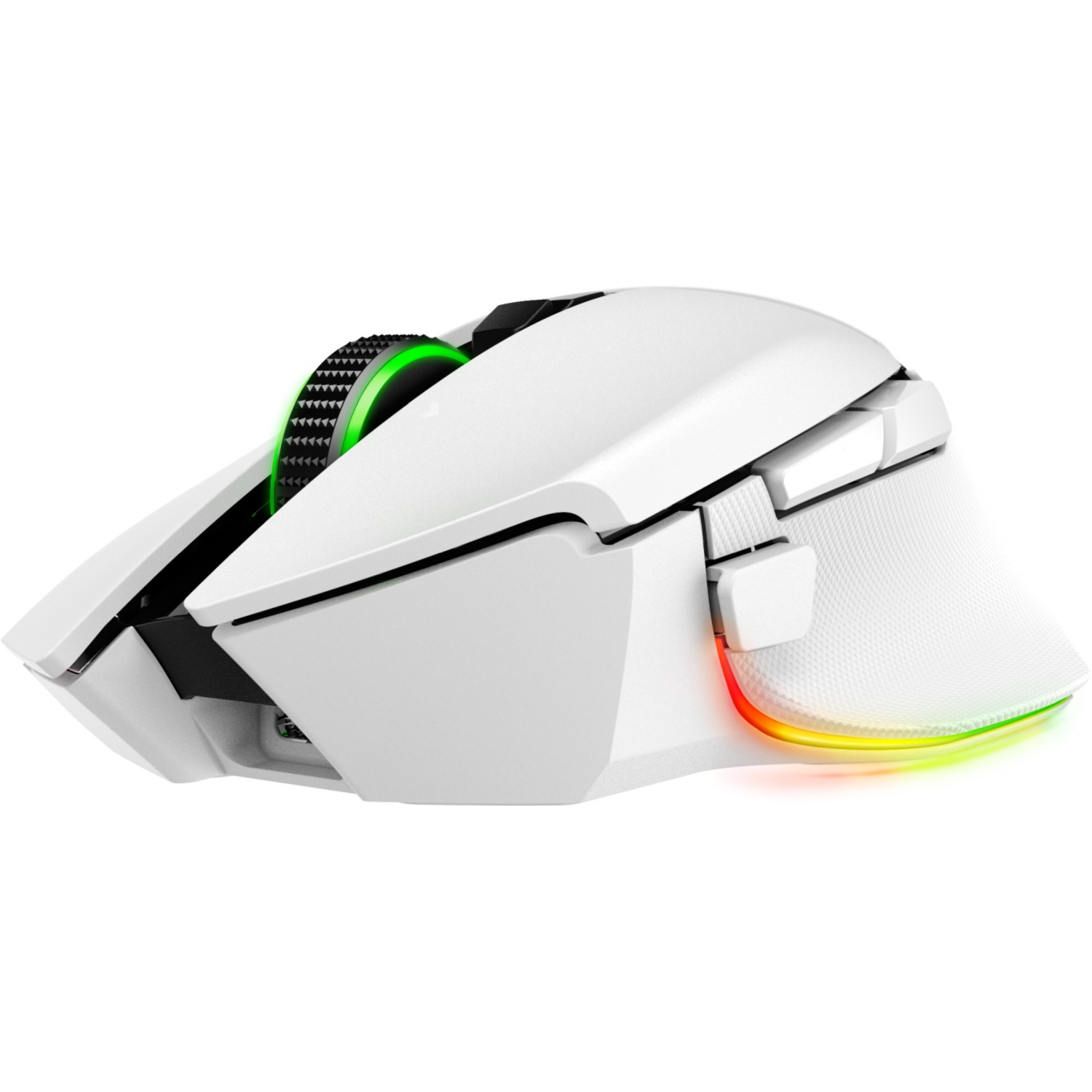 Witte gamingmuis met een groen scrollwiel en kleurrijke lichtaccenten.