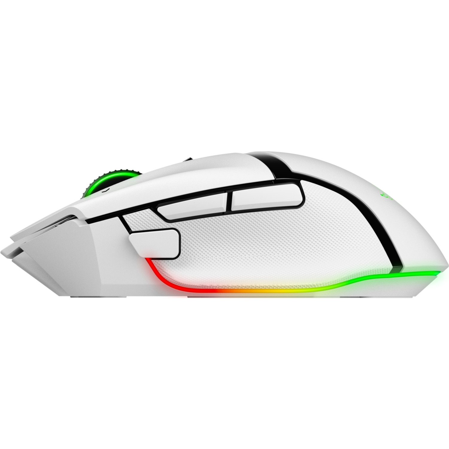 Witte gamingmuis. Zwarte accenten. Rode, groene en gele lichten aan de onderkant.