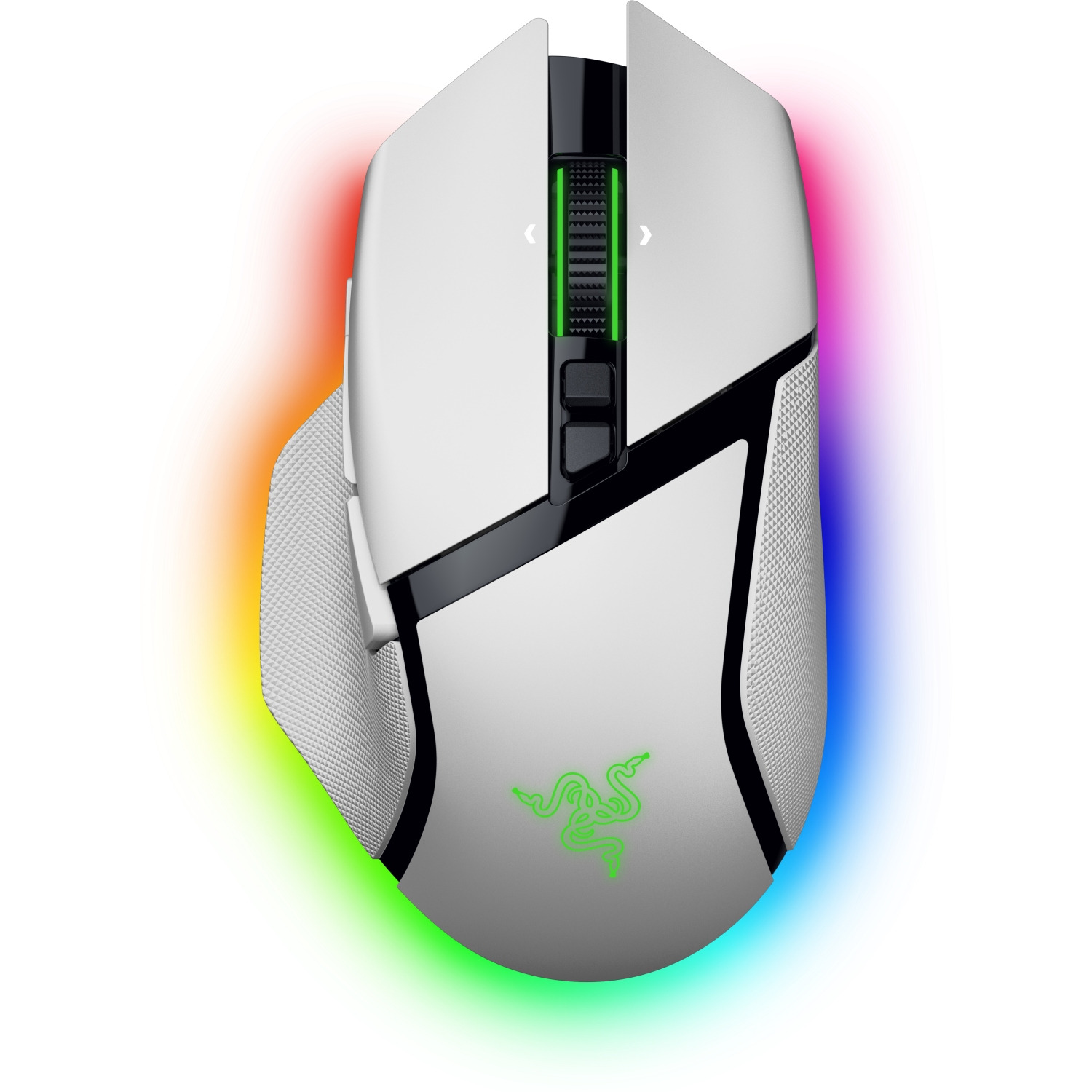 Witte gamingmuis met RGB-verlichting. Razer-logo is zichtbaar. Muis heeft zwarte accenten.
