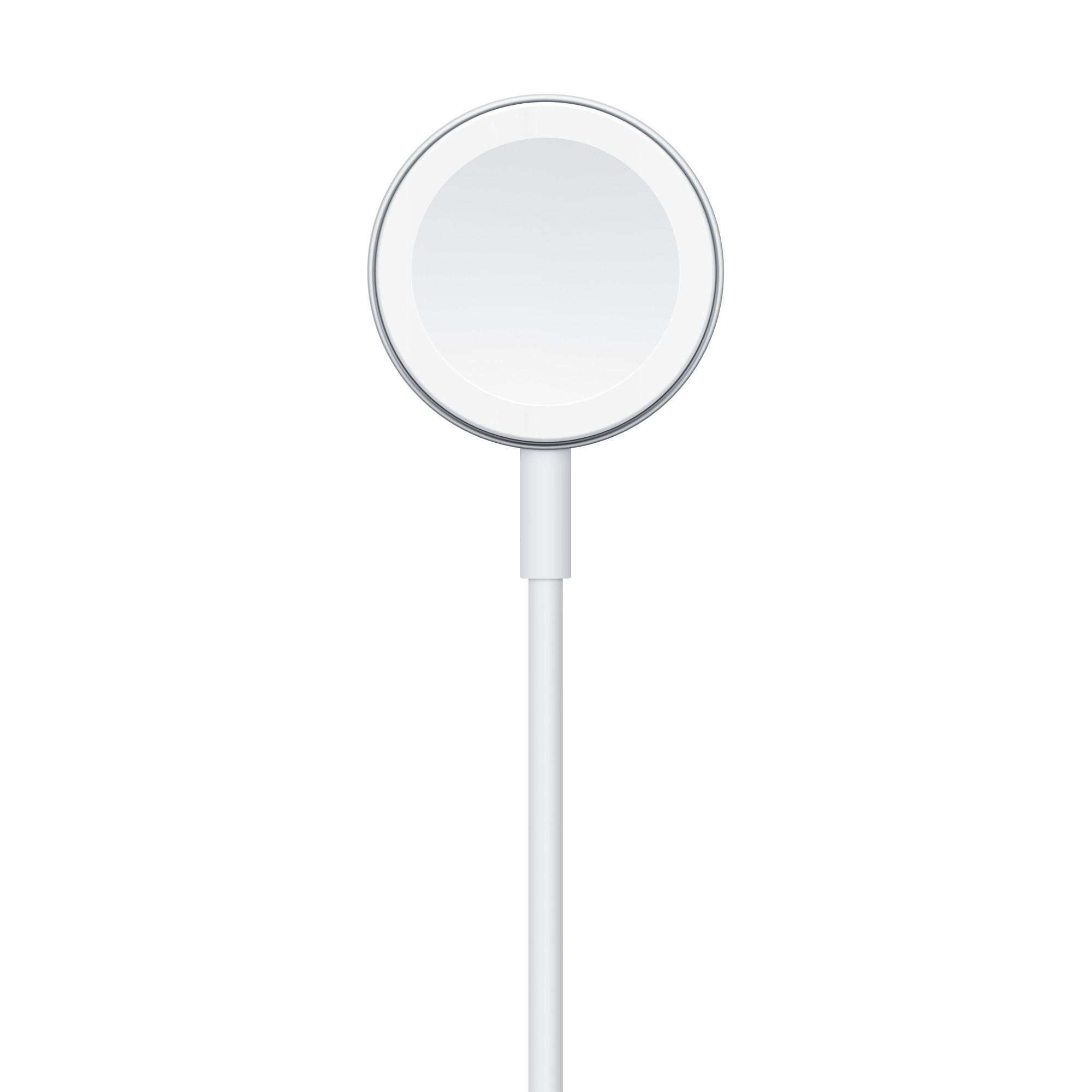 Weißes Apple Watch Ladegerät auf weißem Hintergrund. Das Ladegerät ist kreisförmig.