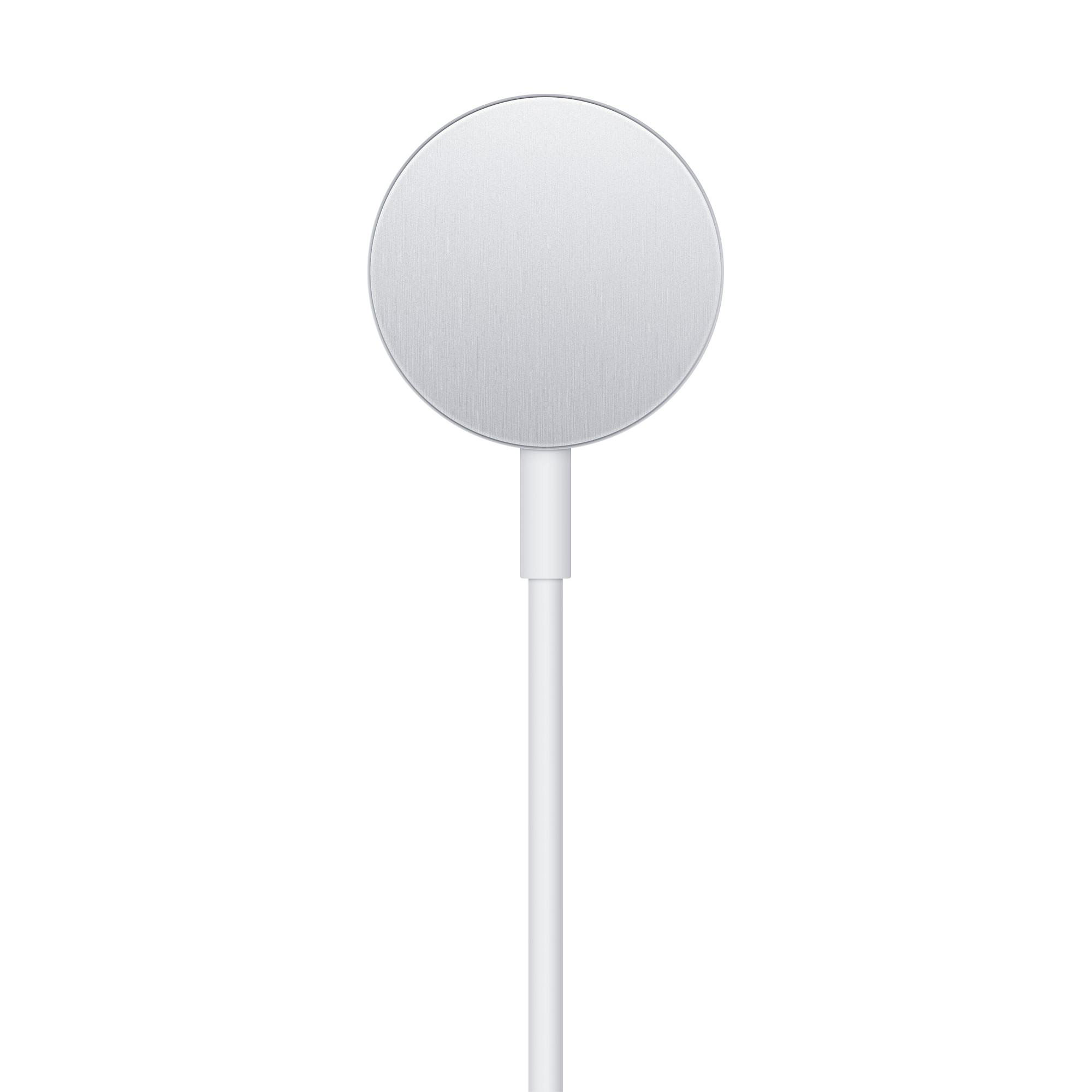 Weißes Apple MagSafe-Ladegerät, kreisförmig, mit weißem Kabel nach unten.