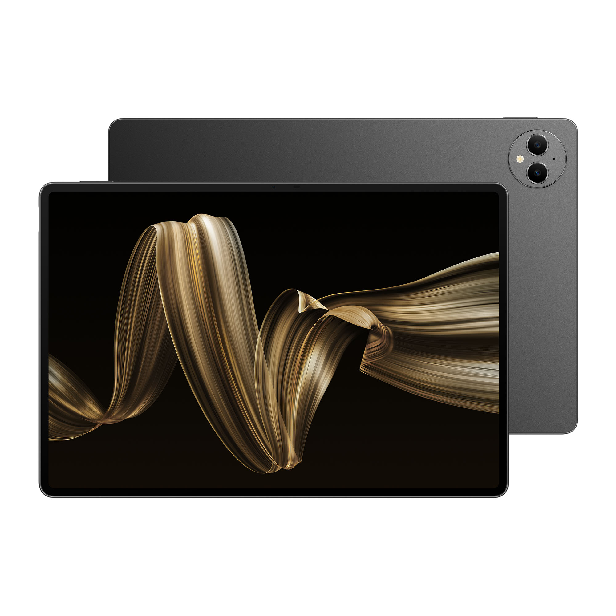 Ekranında akan altın bir tasarıma ve arkasında bir kameraya sahip siyah tablet cihazı.
