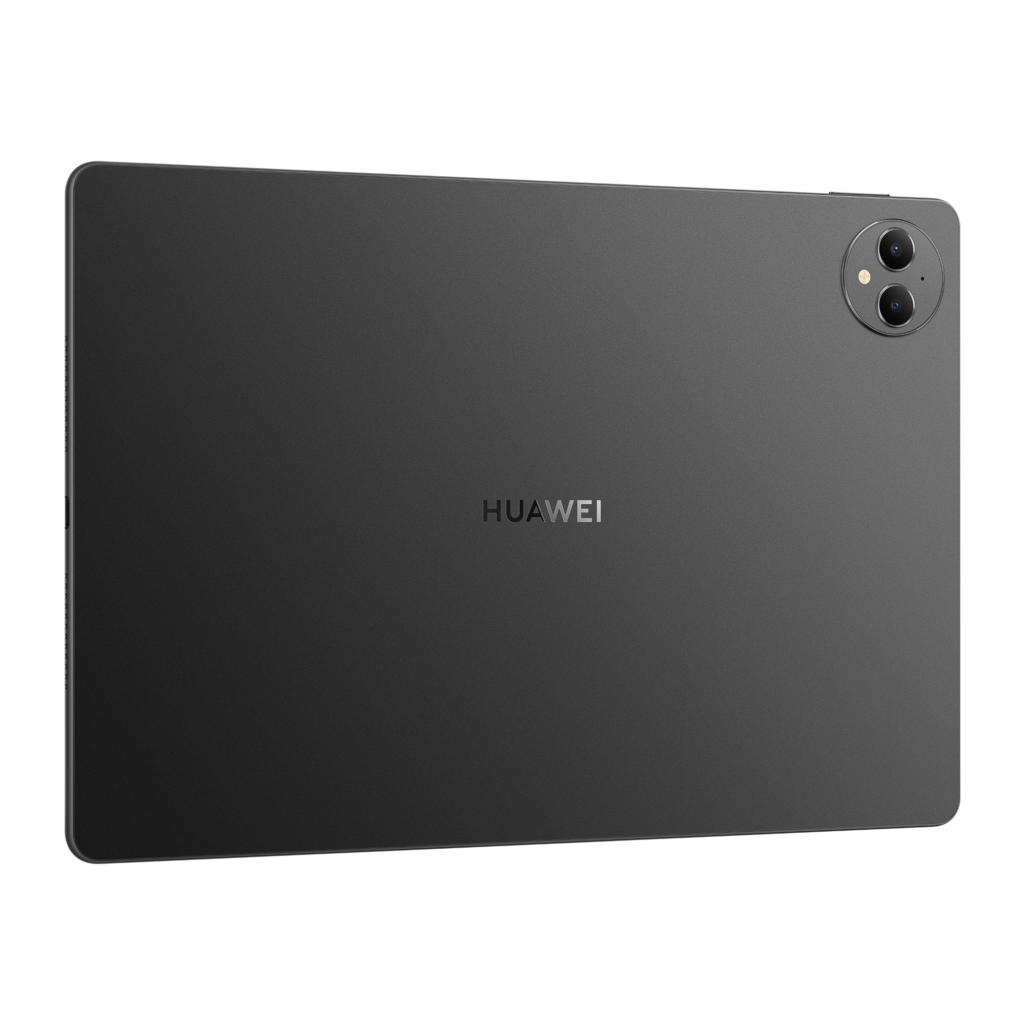 Siyah Huawei tablet, çift kamera ve marka adı ile arka görünüm.
