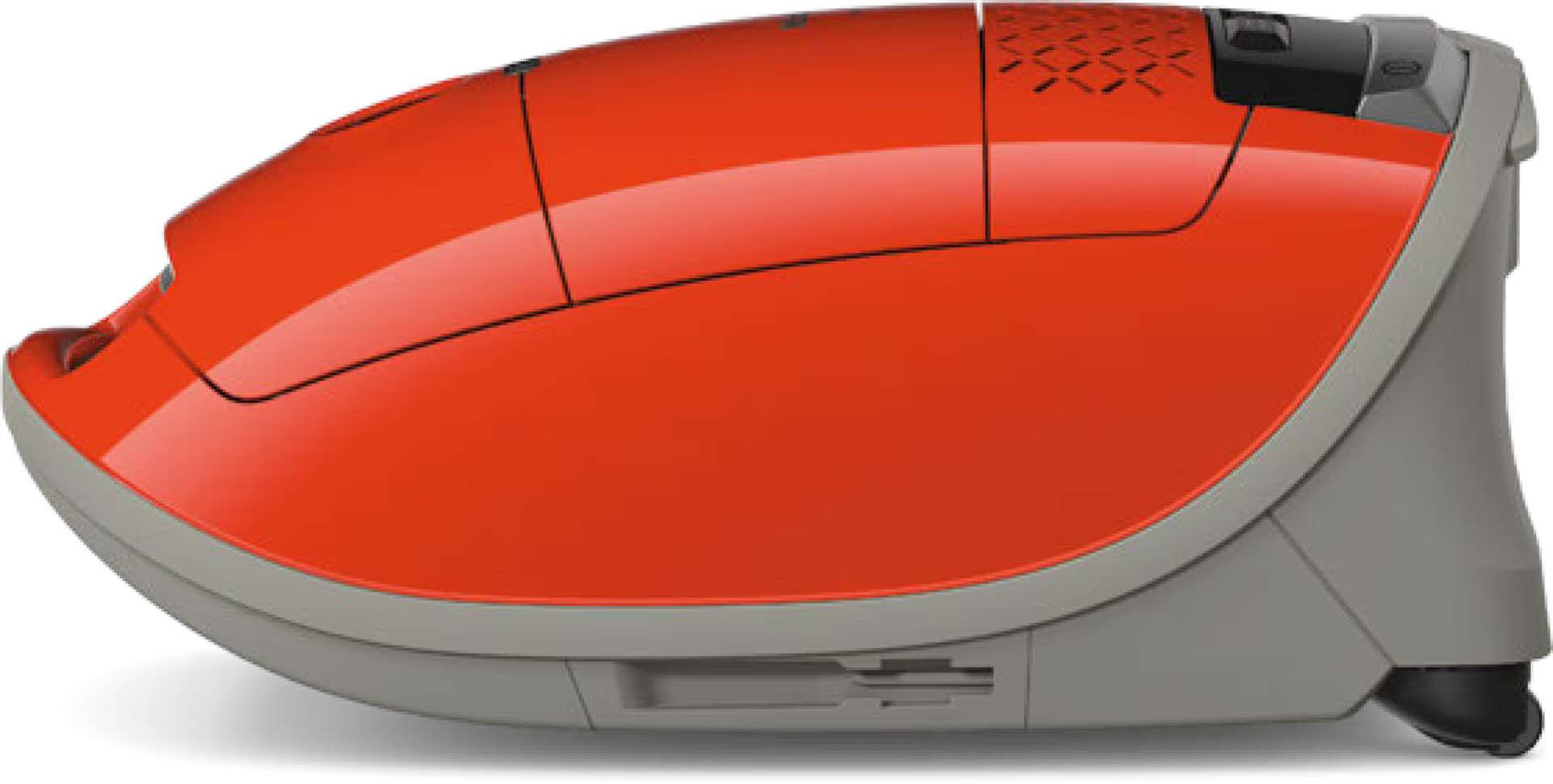 Widok z boku czerwonego i szarego odkurzacza na białym tle.