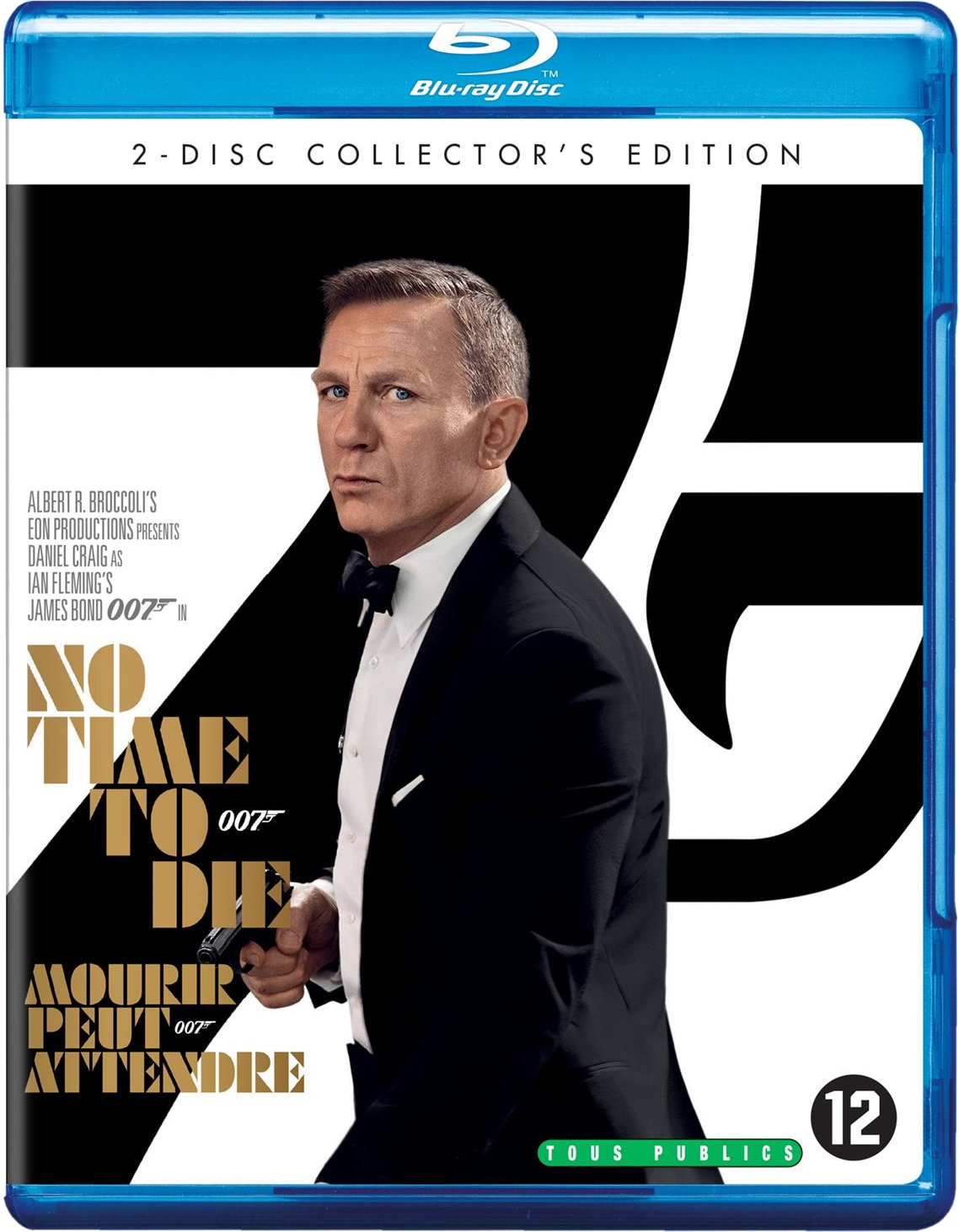 Blu-ray-hoes. Daniel Craig als Bond in smoking, met een pistool. De titel is No Time To Die.