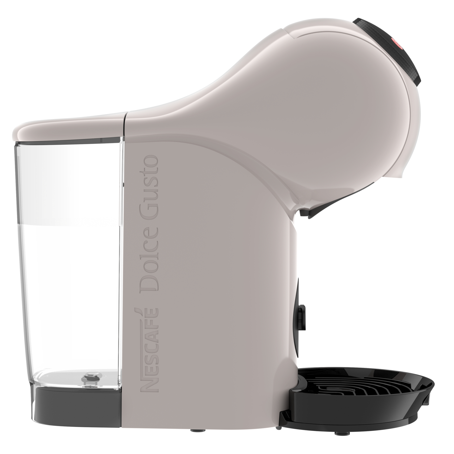 Zijaanzicht van een Nescafé Dolce Gusto koffiemachine in lichtgrijs.