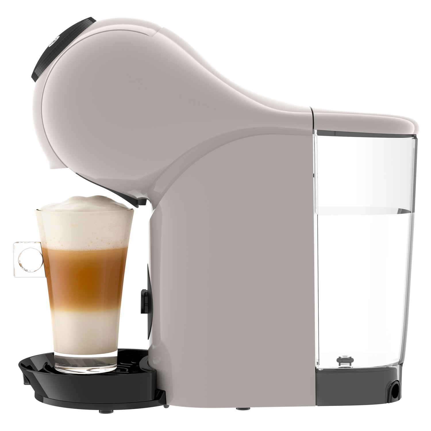 Een wit en grijze koffiemachine met een glas latte en een transparante watertank.