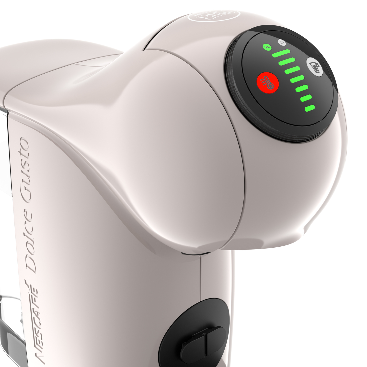 Een witte koffiemachine, met de merknaam op de zijkant en een bedieningspaneel bovenop.