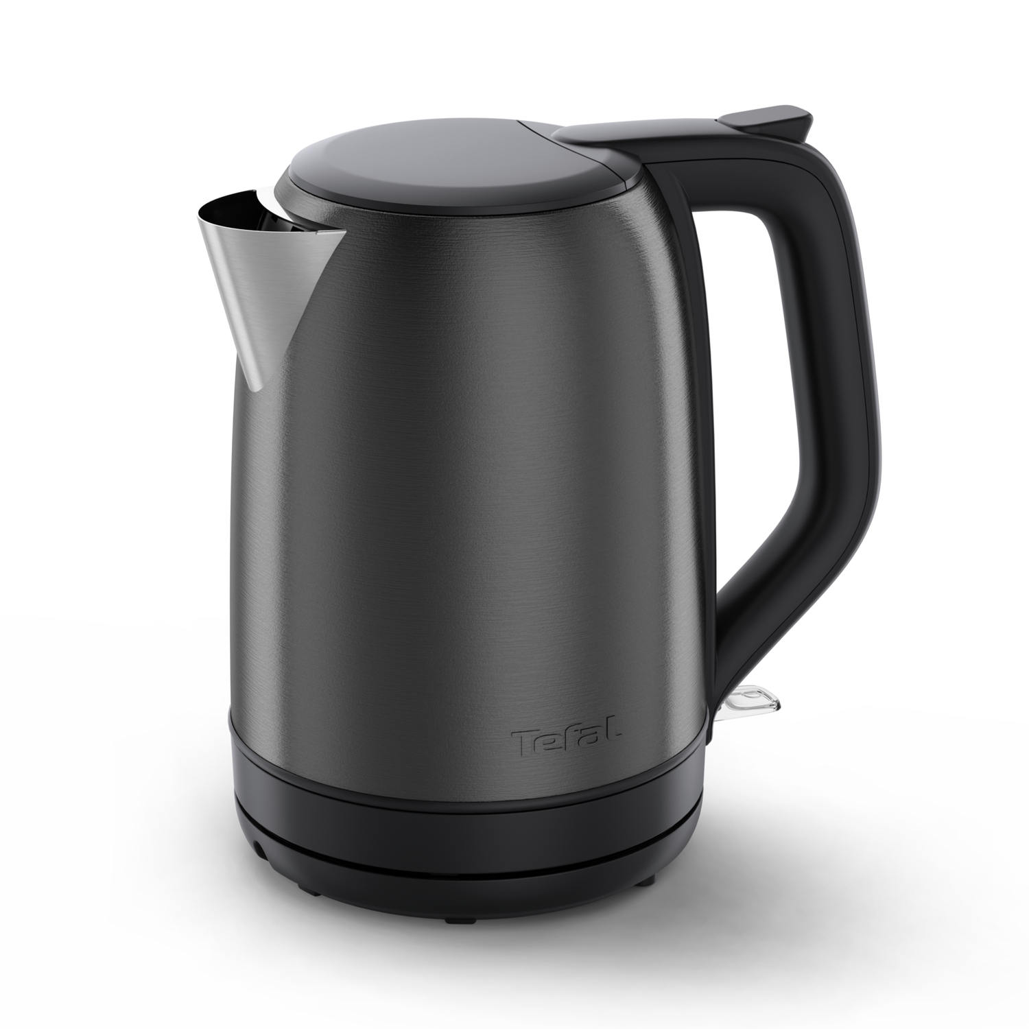 Black electric kettle with a stainless steel spout and handle.