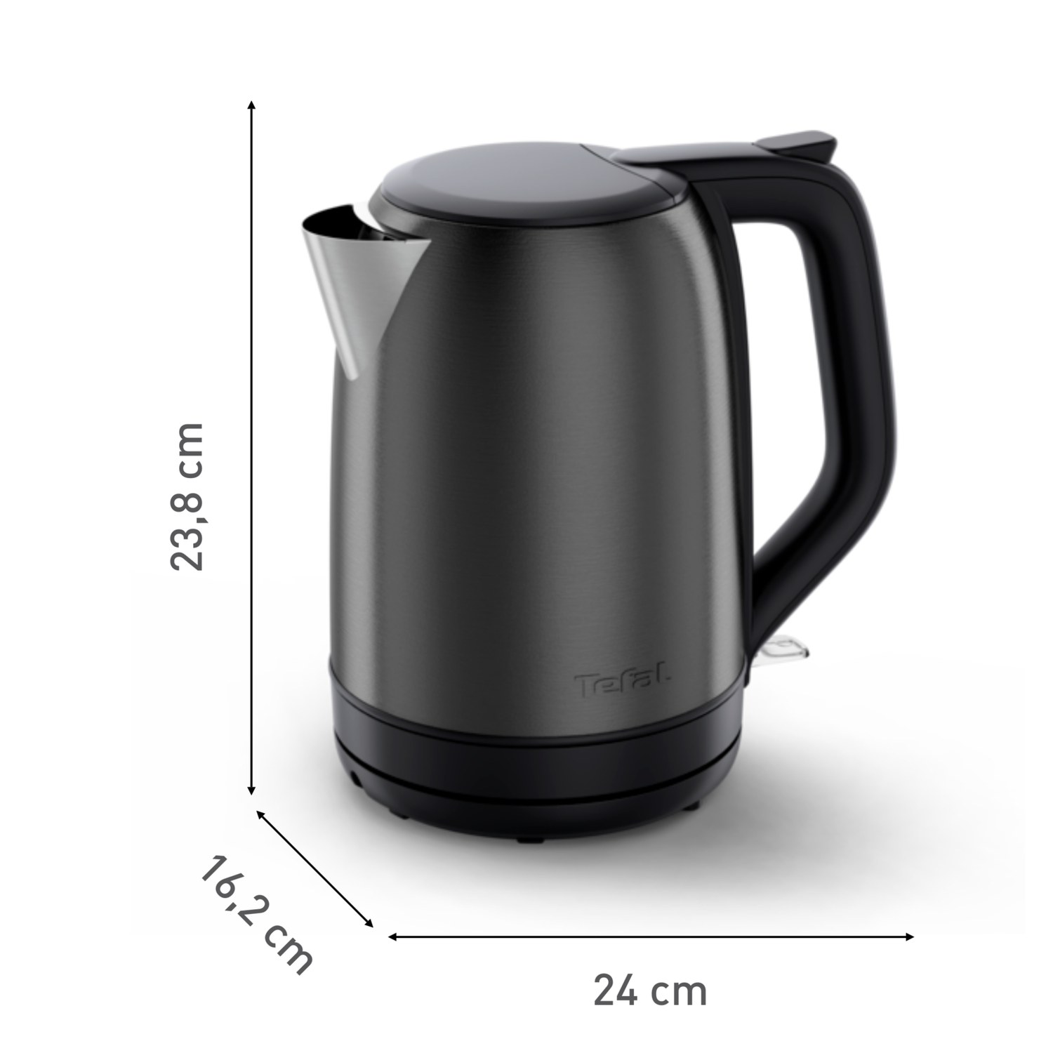 Black electric kettle with measurements: 23.8 cm height, 16.2 cm width and 24 cm length.