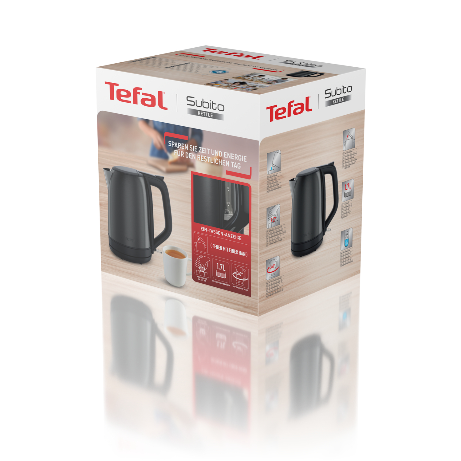 Tefal Subito kettle box. The box shows the kettle and features.