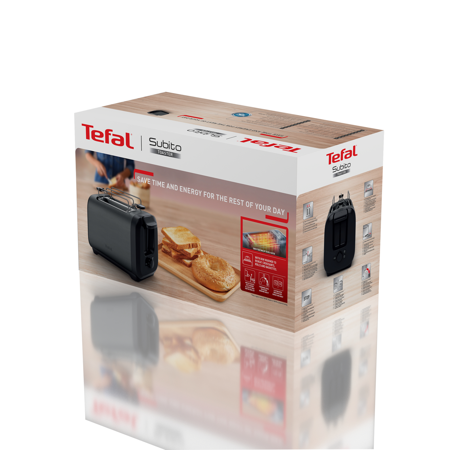 Tefal TT5S1D Subito broodrooster met 2 sleuven met broodjesverwamer, snelle toastresultaten, energiebesparend, modern design, 7 bruiningsniveaus, zwart