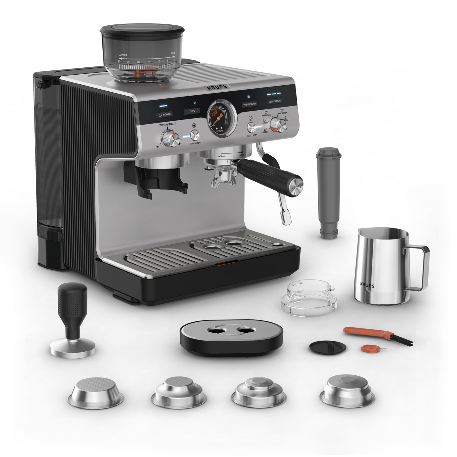 Espresso machine with accessories, grinder, tamper, and water filter, on a white background.