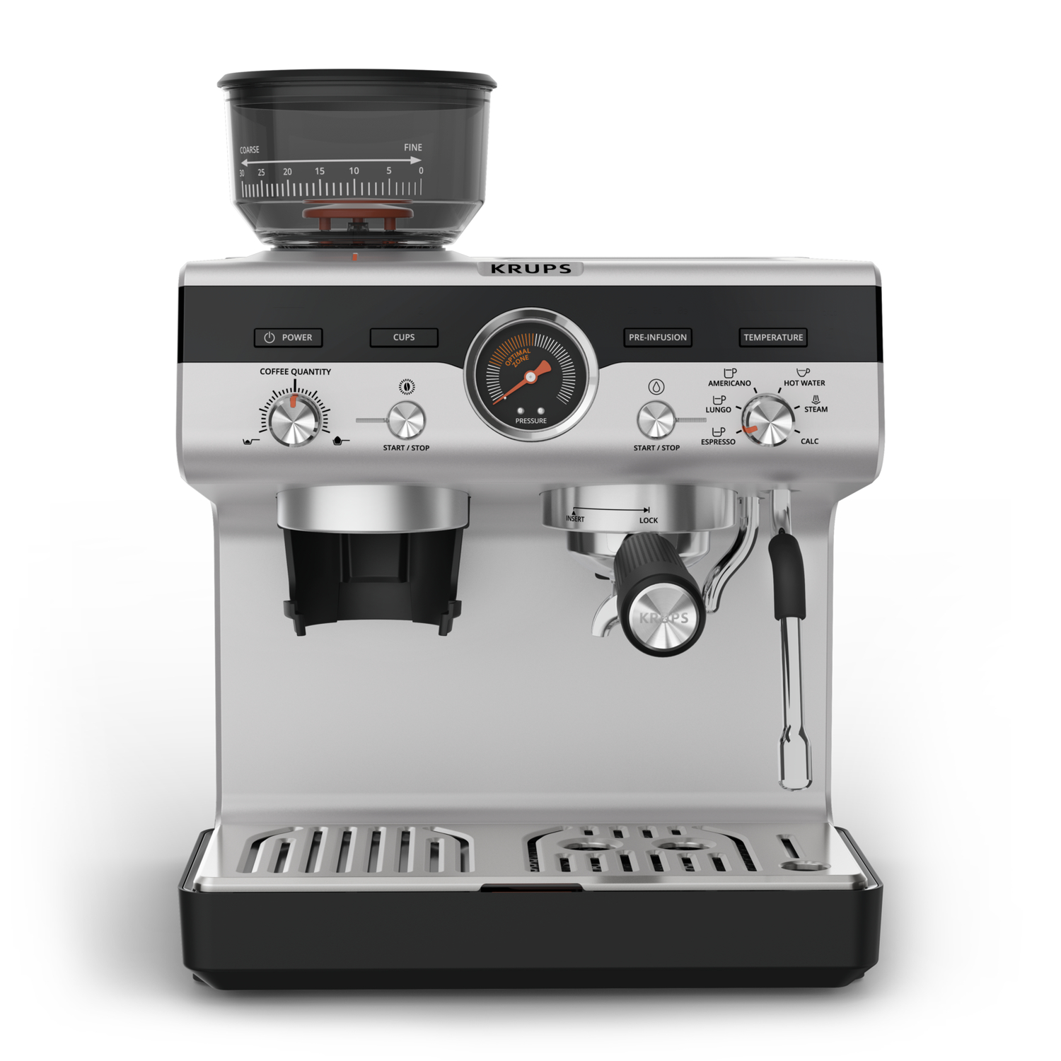 Silver Krups espresso machine with grinder and various controls.