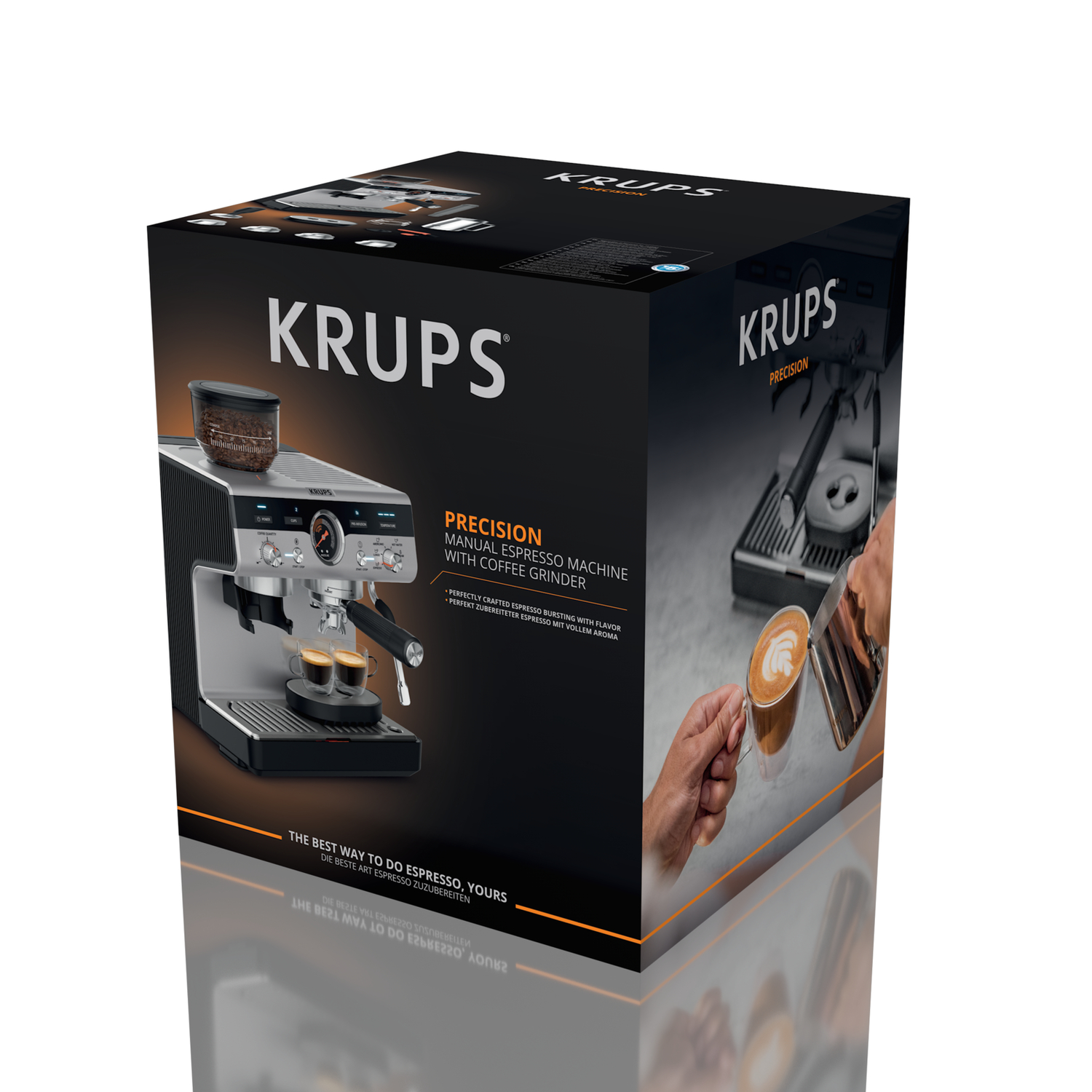 A product box showing a coffee machine and a person pouring coffee.