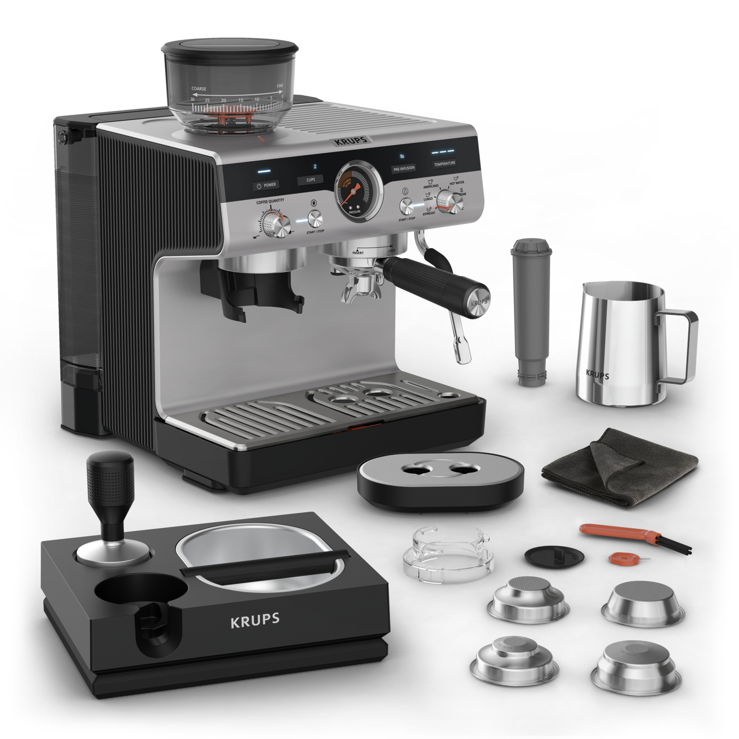Coffee machine with accessories, including a grinder, milk frother, and a tamper.