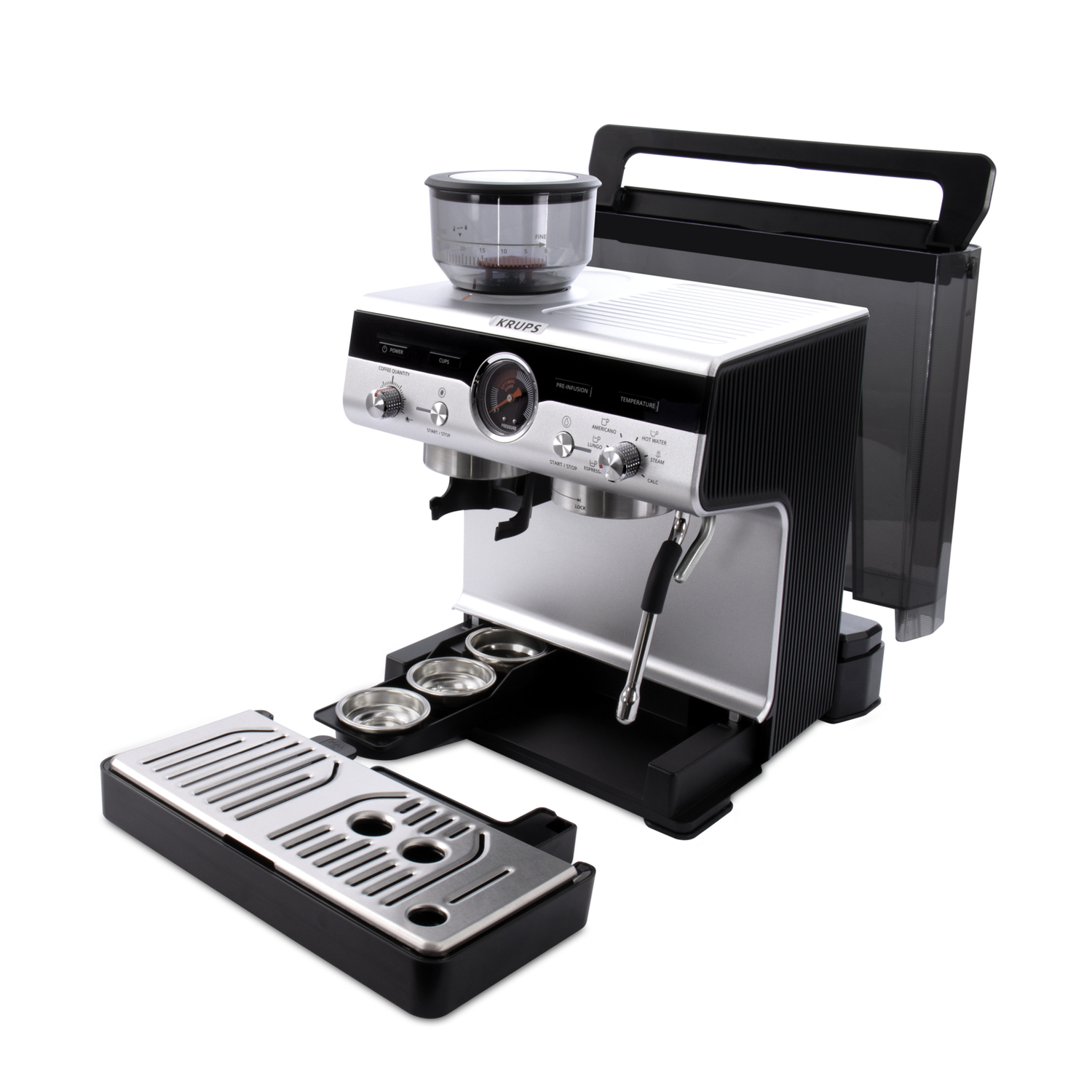 A silver and black Krups espresso machine with a water tank and tray.