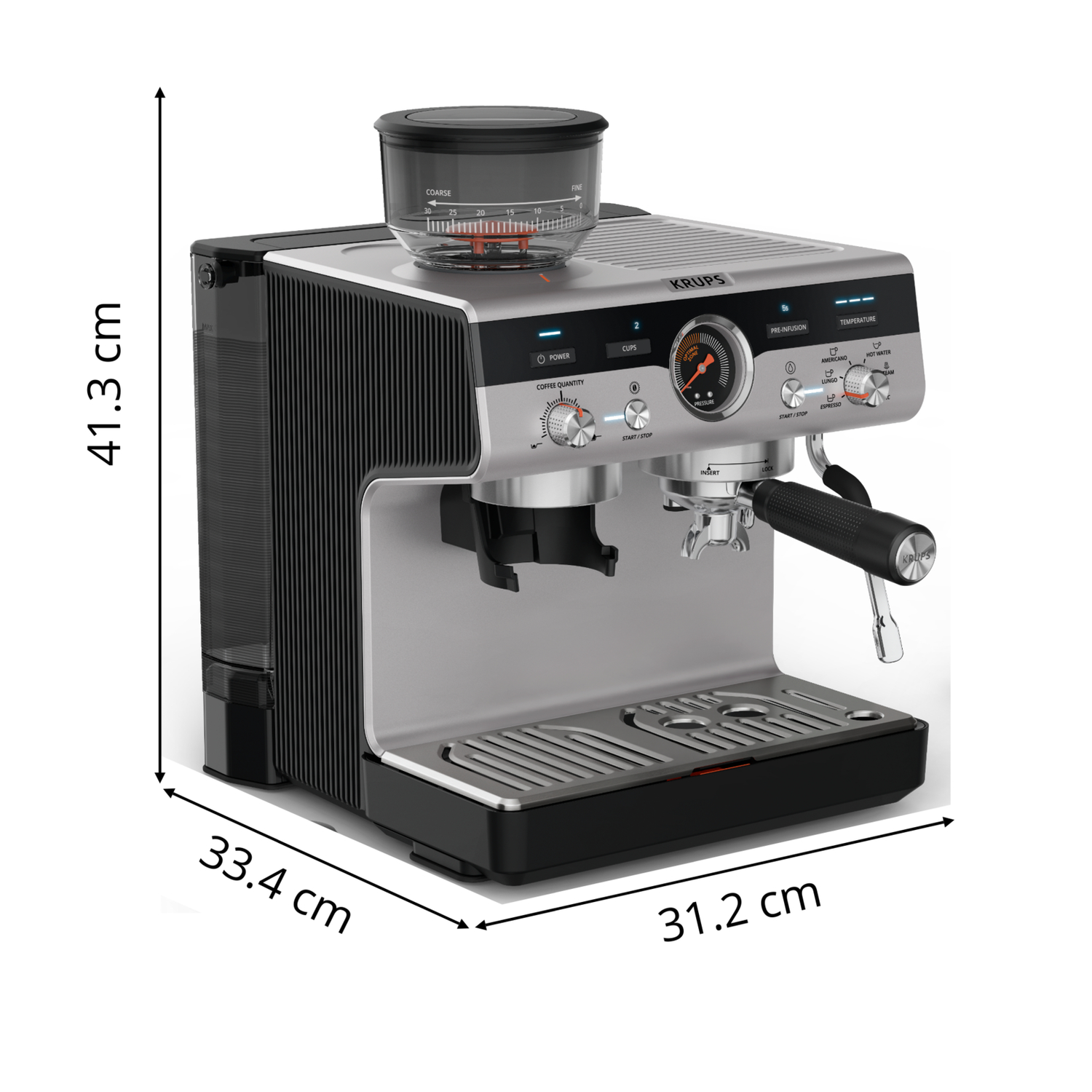 A Krups espresso machine with dimensions and a grinder on top.