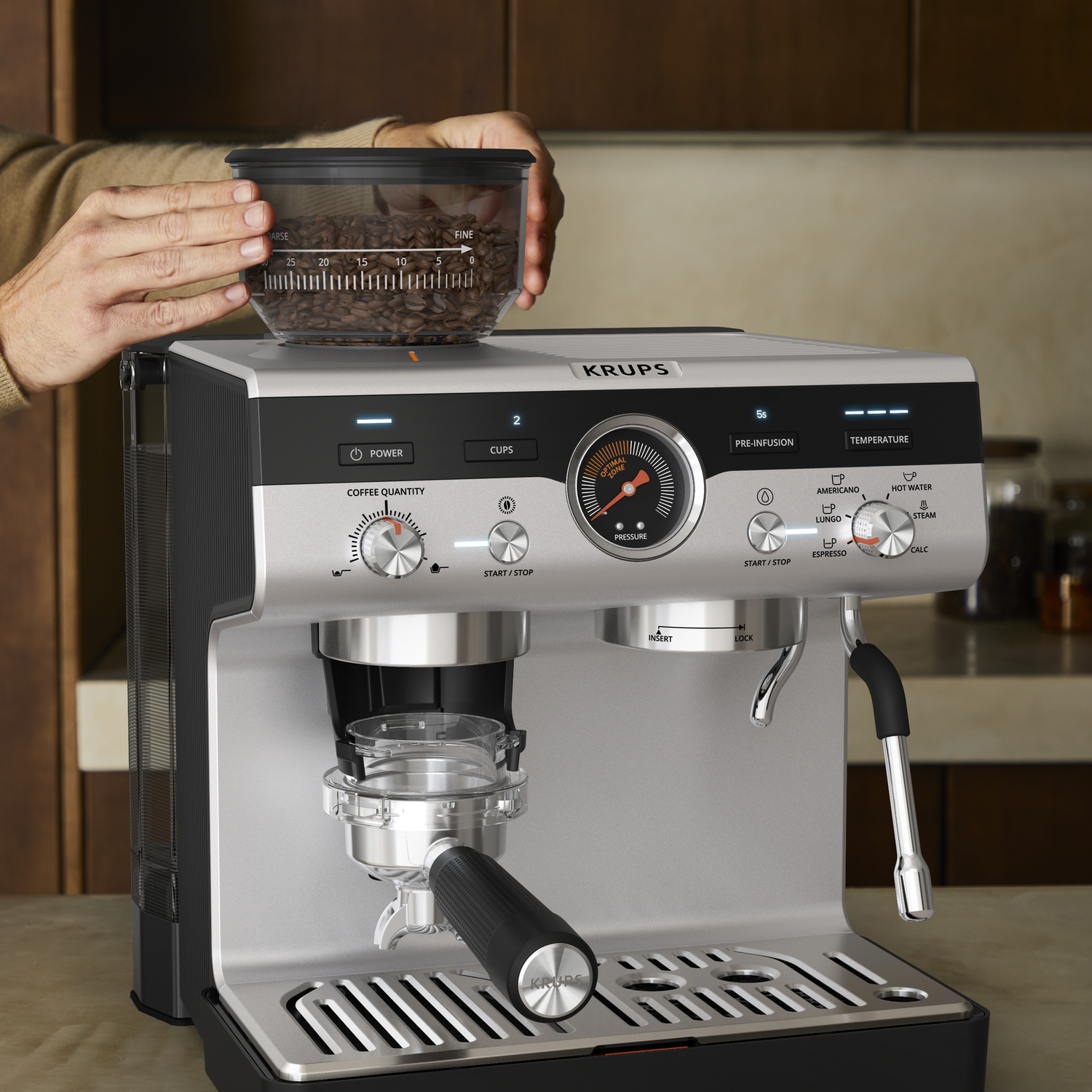 Espresso machine with a cup of coffee beans being poured into it.