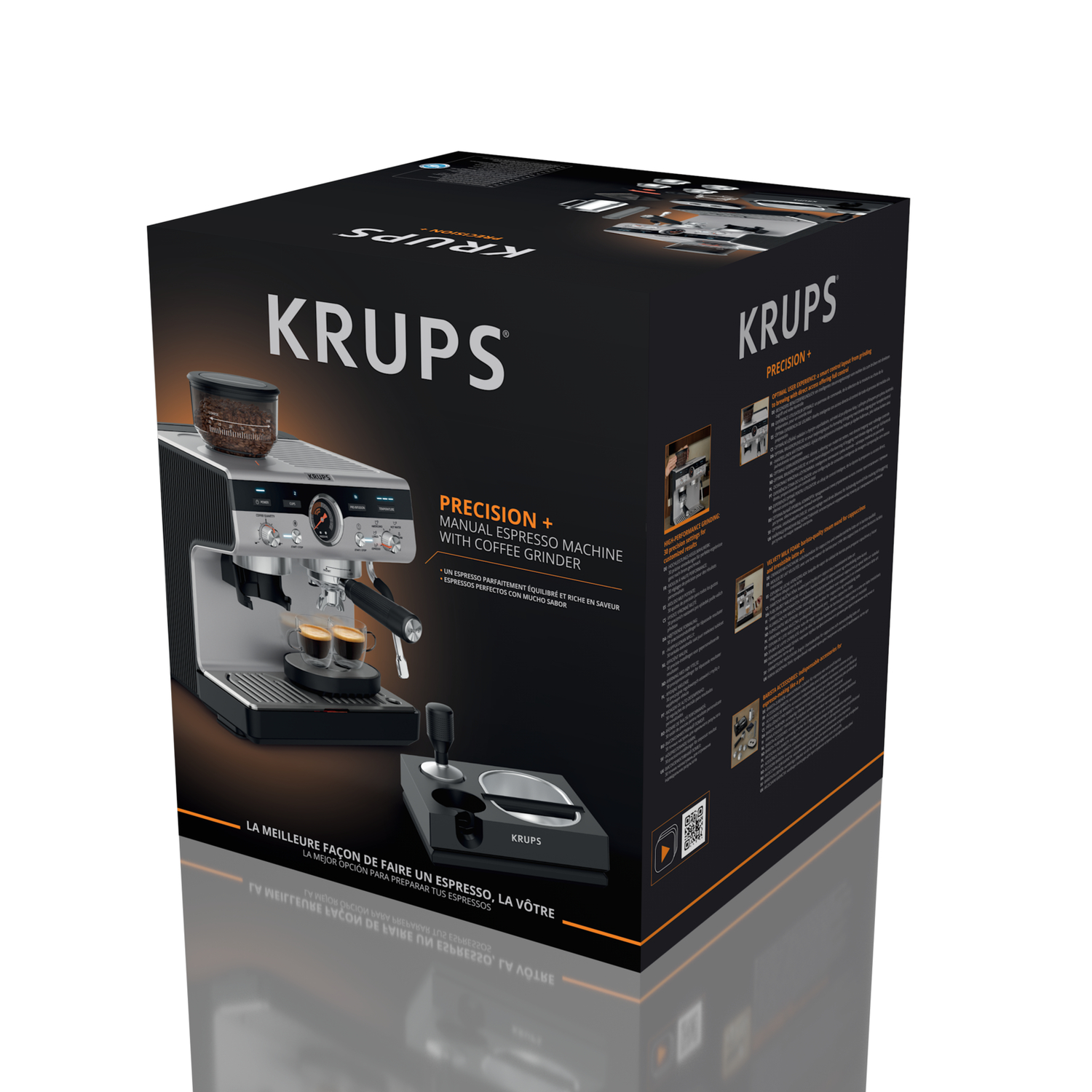 A Krups espresso machine box. The box is black with images of the machine.
