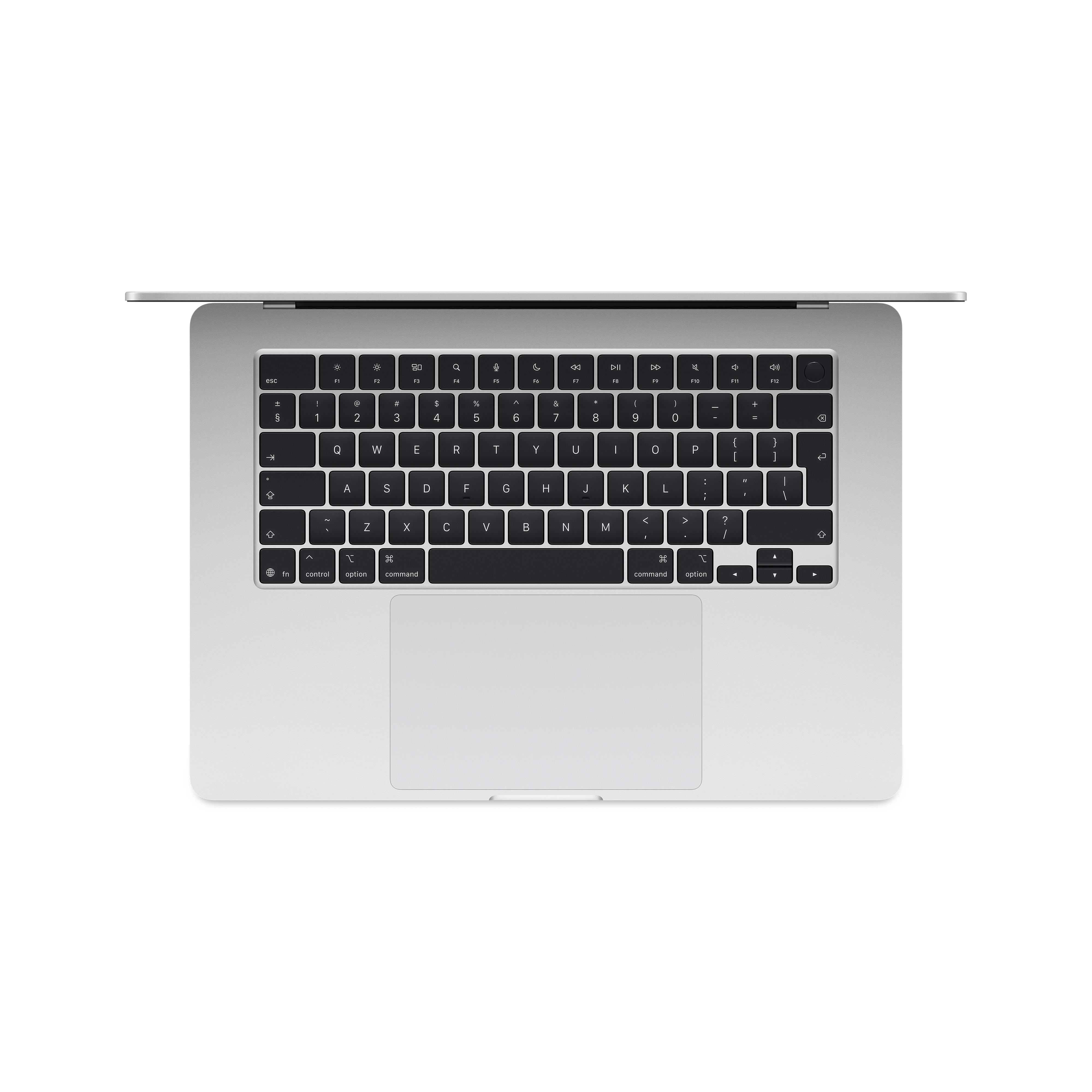 Ordinateur portable, vue de dessus. Corps argenté, touches noires, pavé tactile blanc.