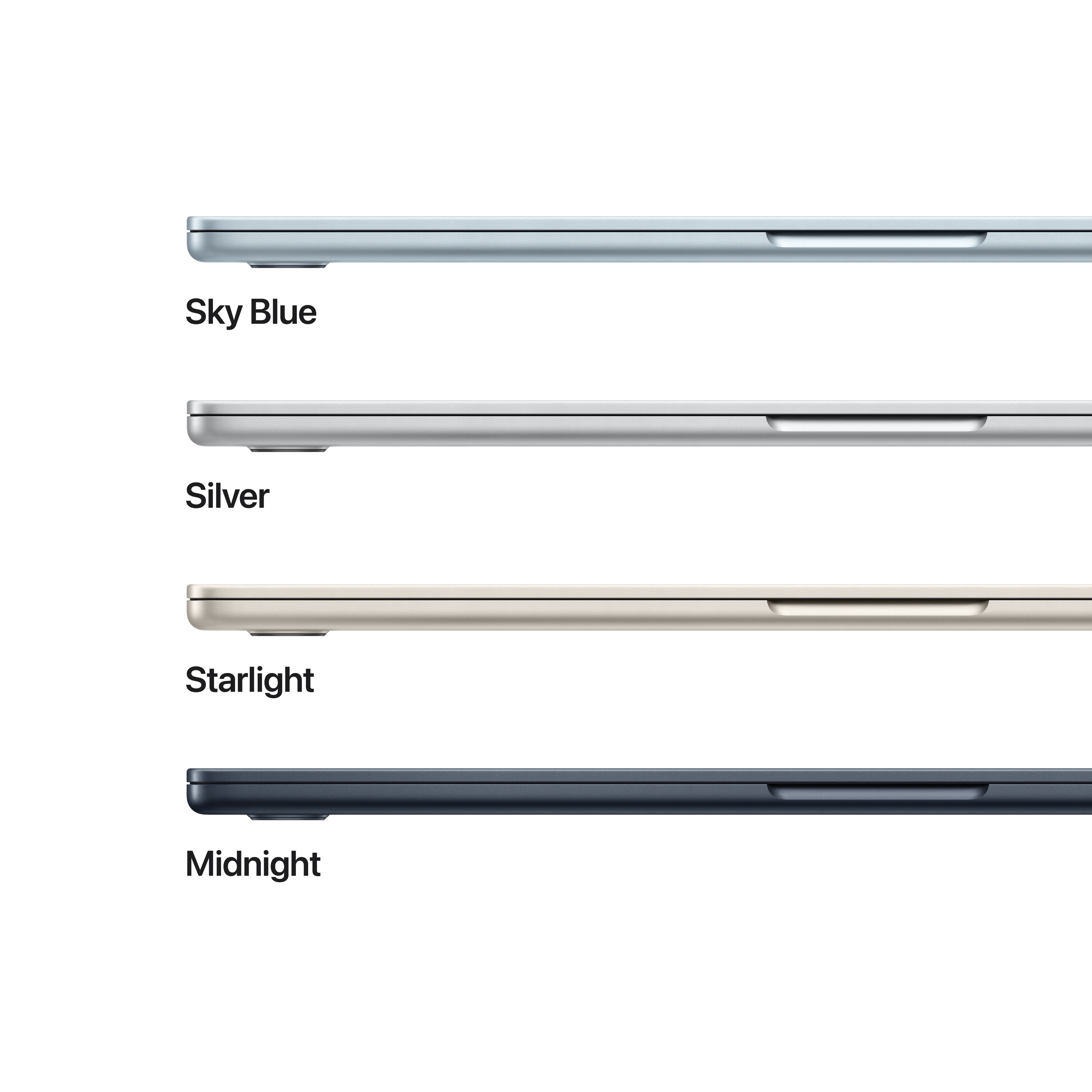 Quatre ordinateurs portables de différentes couleurs : Bleu ciel, Argent, Starlight et Minuit.