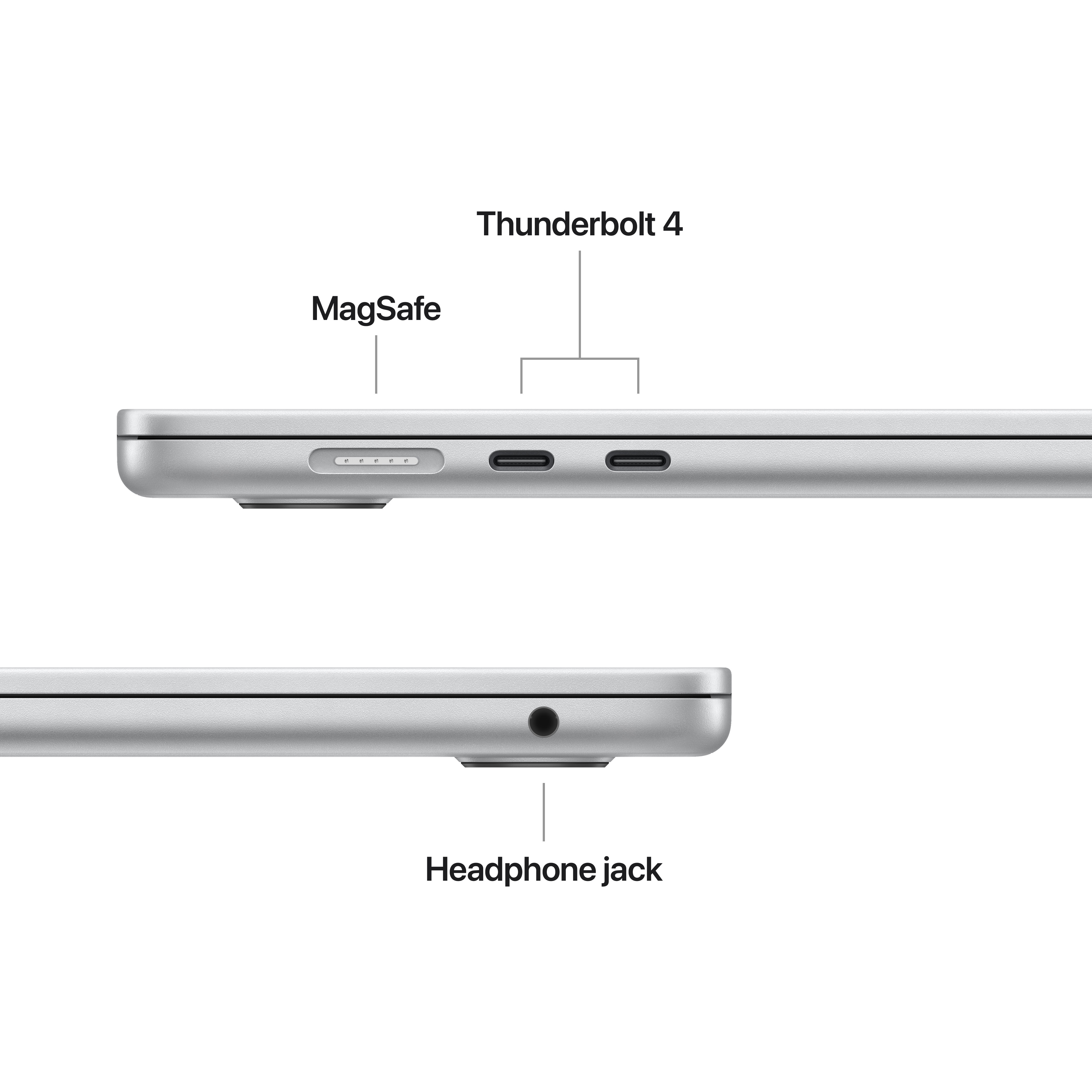 Vue latérale d'un ordinateur portable montrant les ports, dont MagSafe, Thunderbolt 4 et prise casque.