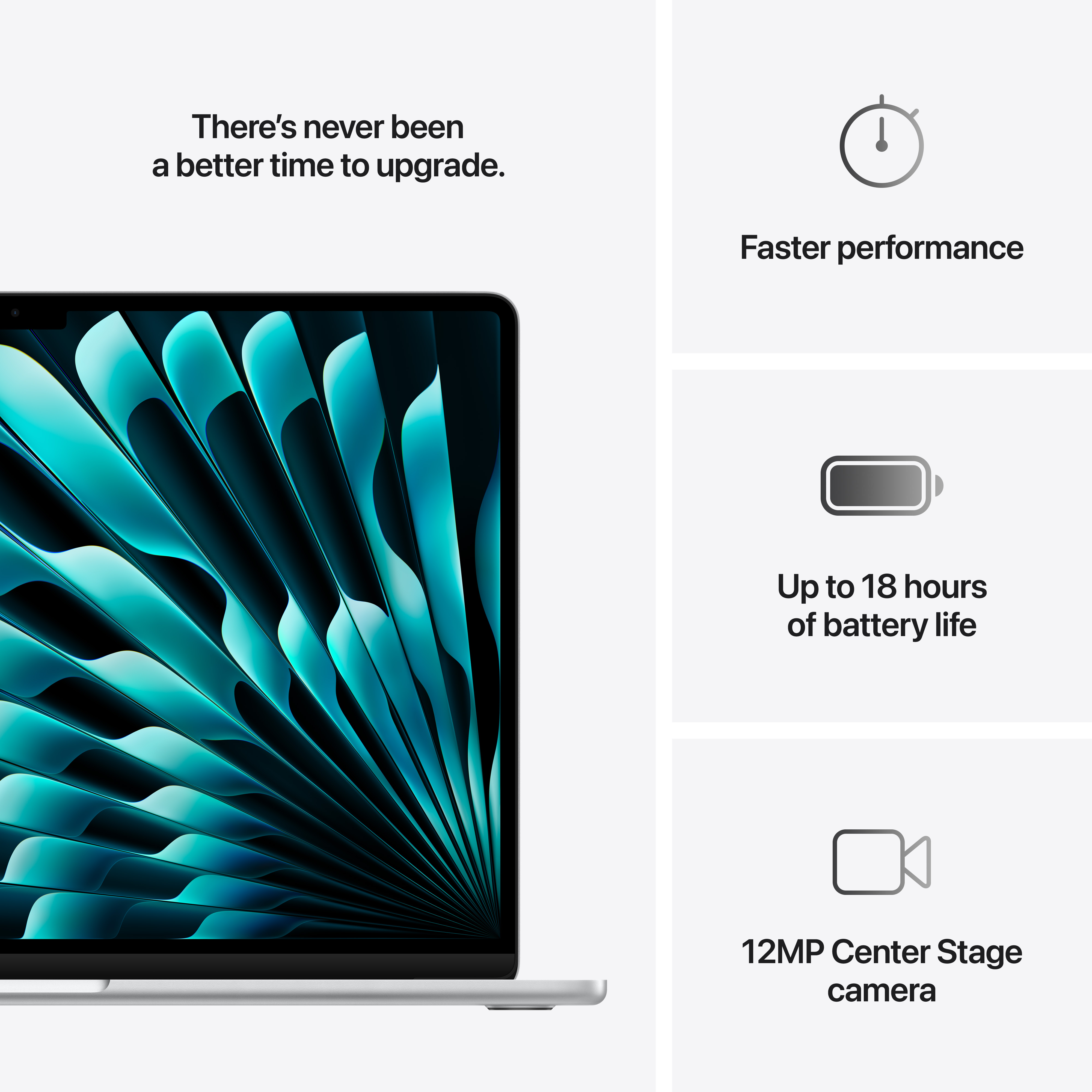 Un ordinateur portable avec un design bleu à l'écran. Fond blanc. Trois icônes sont affichées.