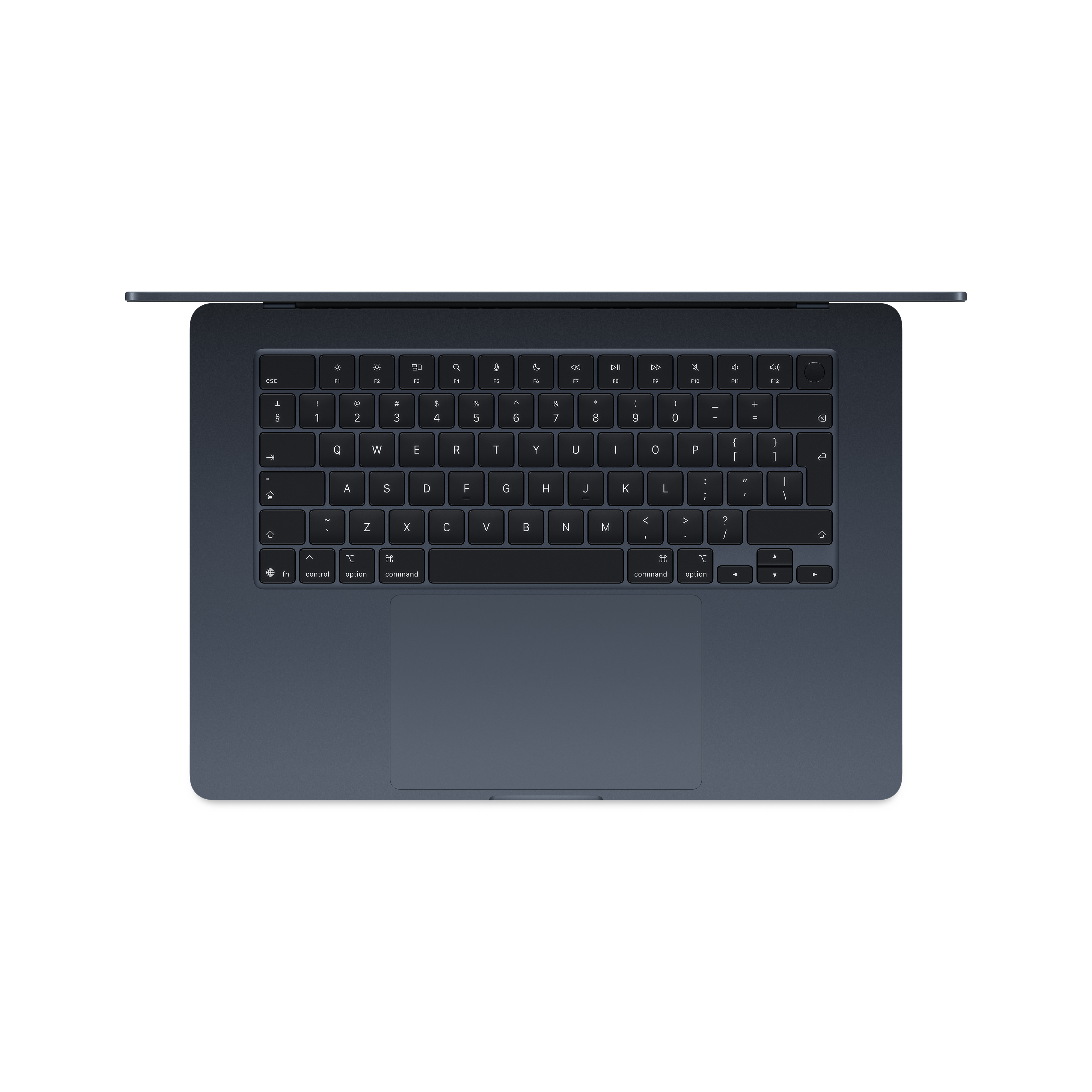 Un laptop blu scuro, visto dall'alto, con tastiera e touchpad neri.