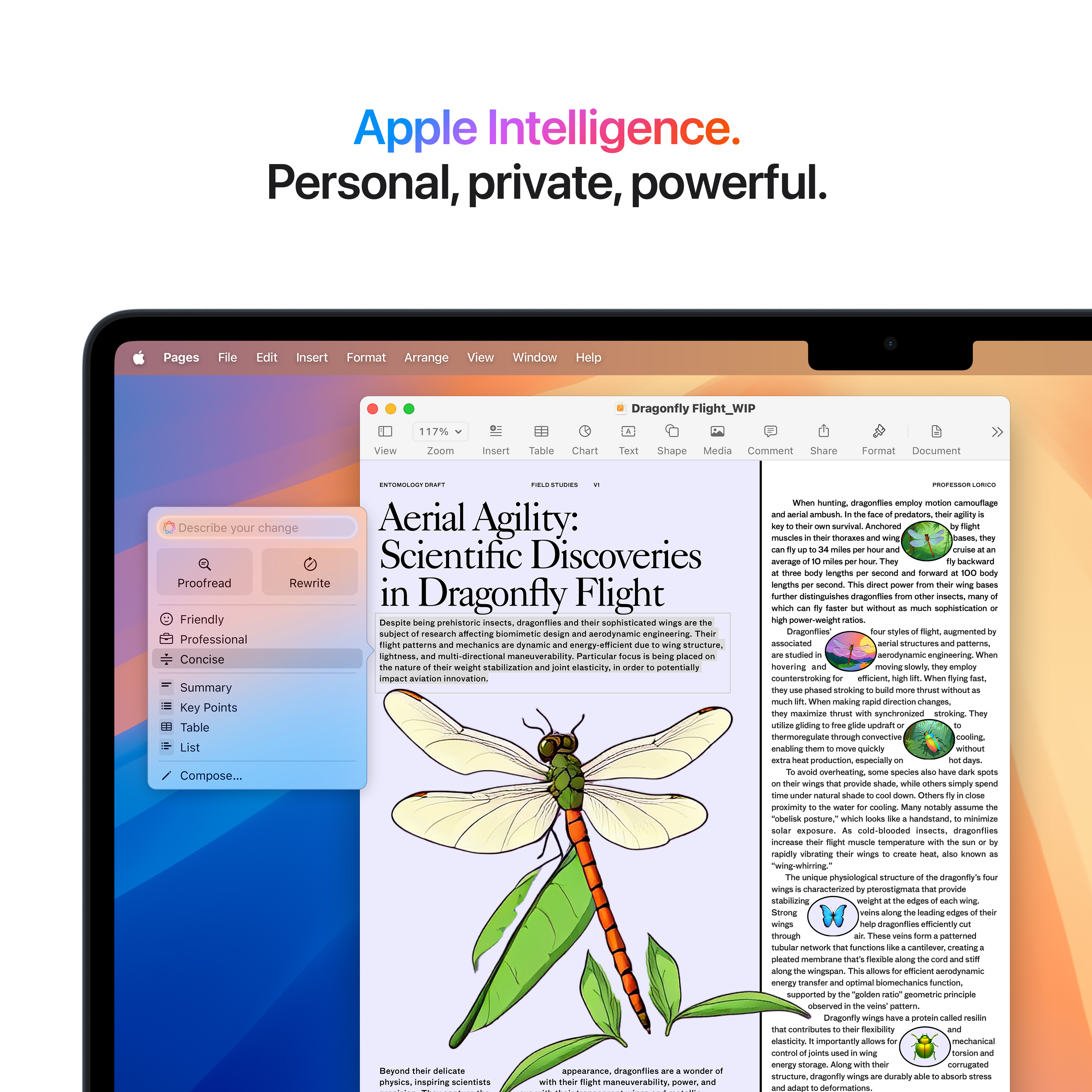 Lo schermo del laptop Apple mostra testo e immagini. Testo: Apple Intelligence. Personale, privato, potente.